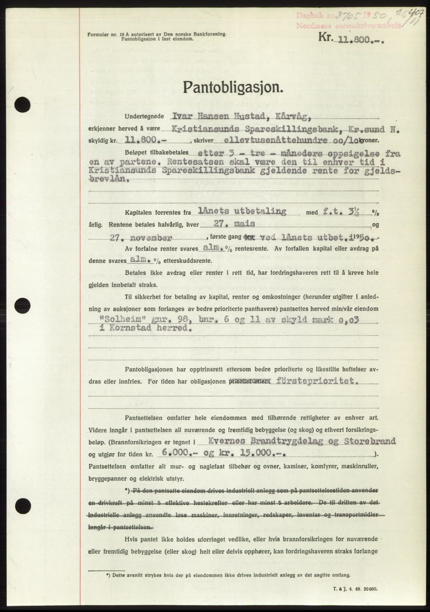 Nordmøre sorenskriveri, AV/SAT-A-4132/1/2/2Ca: Mortgage book no. B106, 1950-1950, Diary no: : 3705/1950