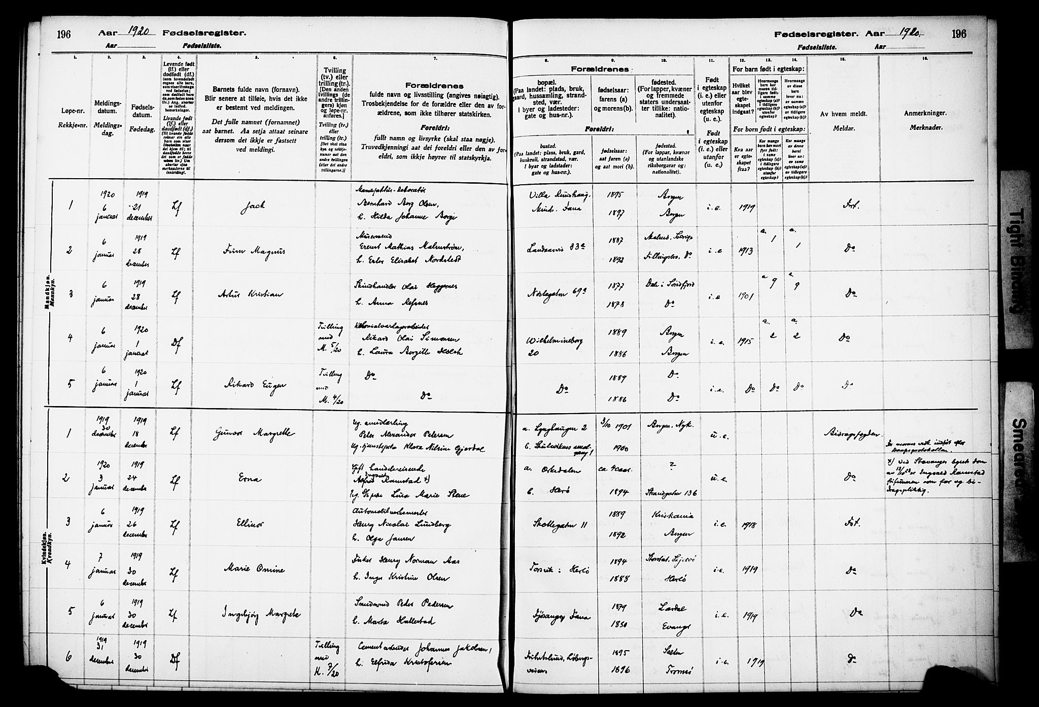 Kvinneklinikken, SAB/A-76301/F/L0A01: Birth register no. A 1, 1916-1920, p. 196