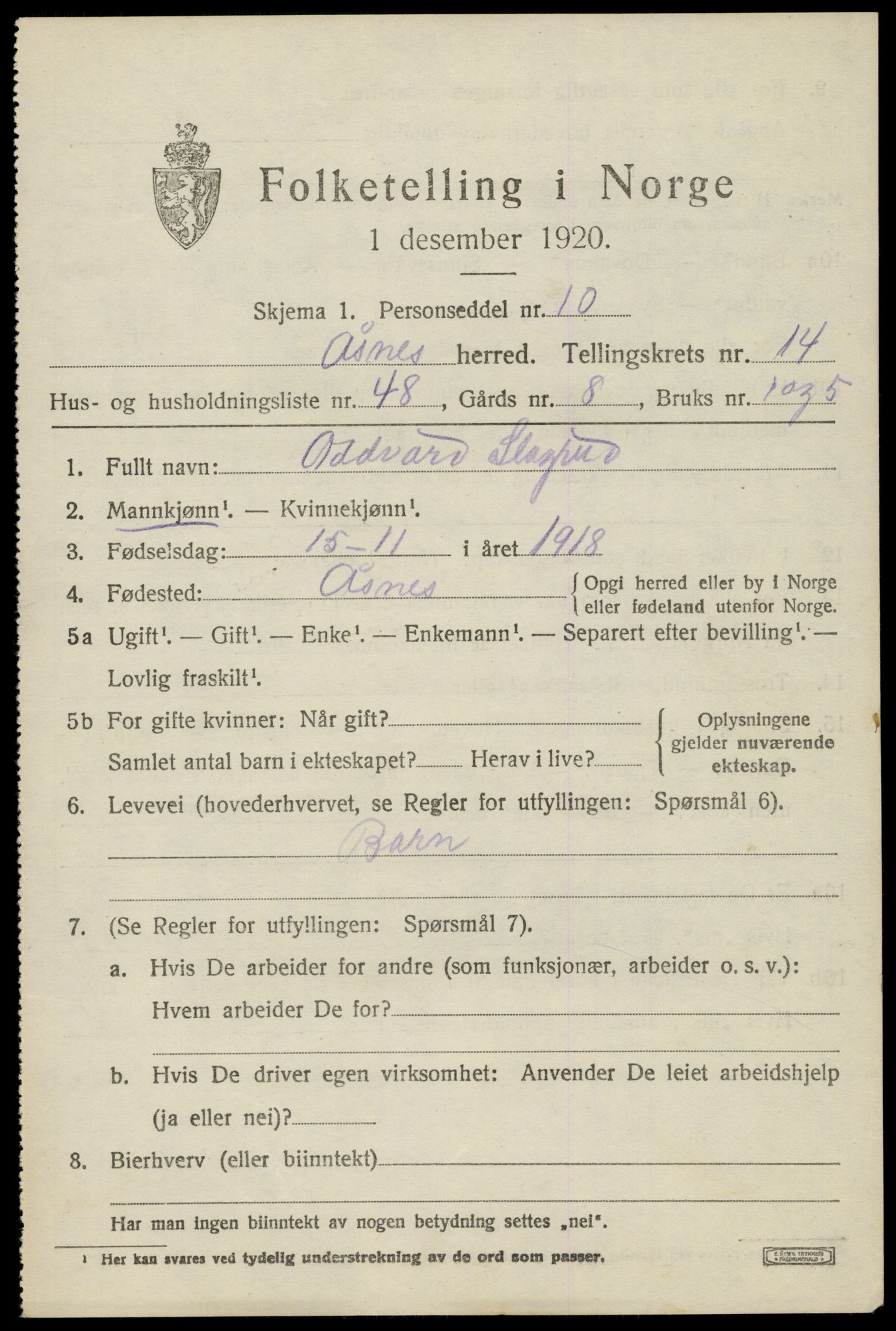 SAH, 1920 census for Åsnes, 1920, p. 14024