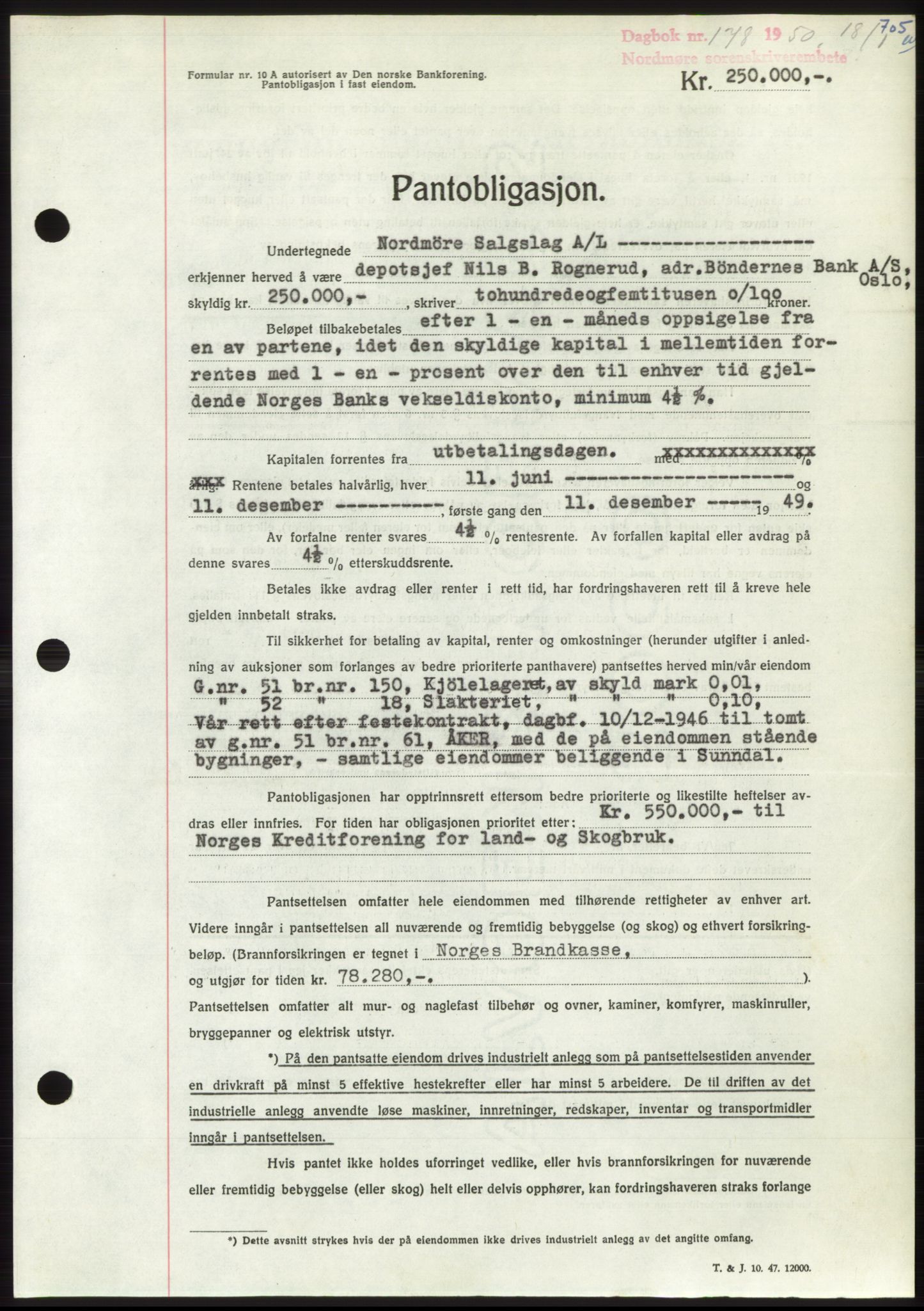 Nordmøre sorenskriveri, AV/SAT-A-4132/1/2/2Ca: Mortgage book no. B103, 1949-1950, Diary no: : 178/1950