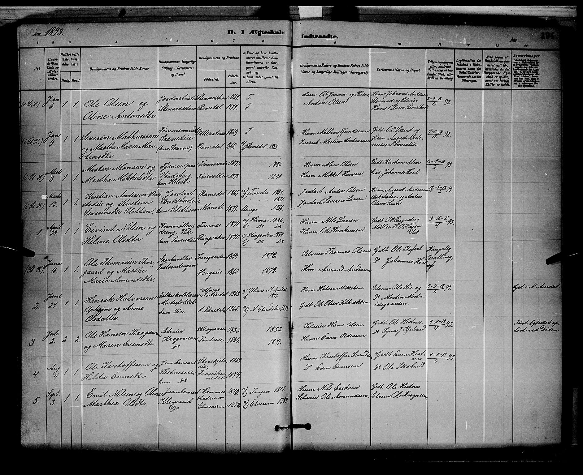 Stange prestekontor, AV/SAH-PREST-002/L/L0008: Parish register (copy) no. 8, 1882-1895, p. 194