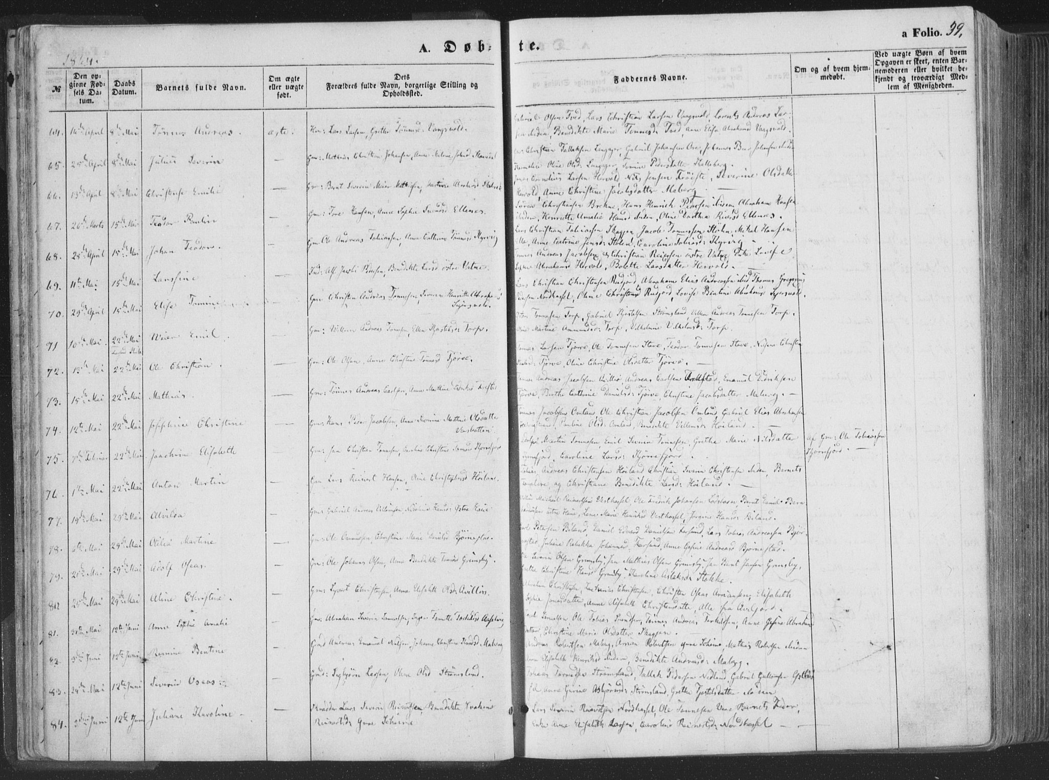 Lista sokneprestkontor, AV/SAK-1111-0027/F/Fa/L0011: Parish register (official) no. A 11, 1861-1878, p. 39