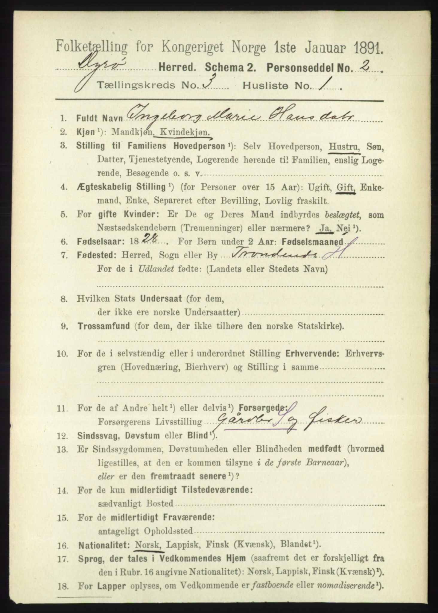 RA, 1891 census for 1926 Dyrøy, 1891, p. 1147