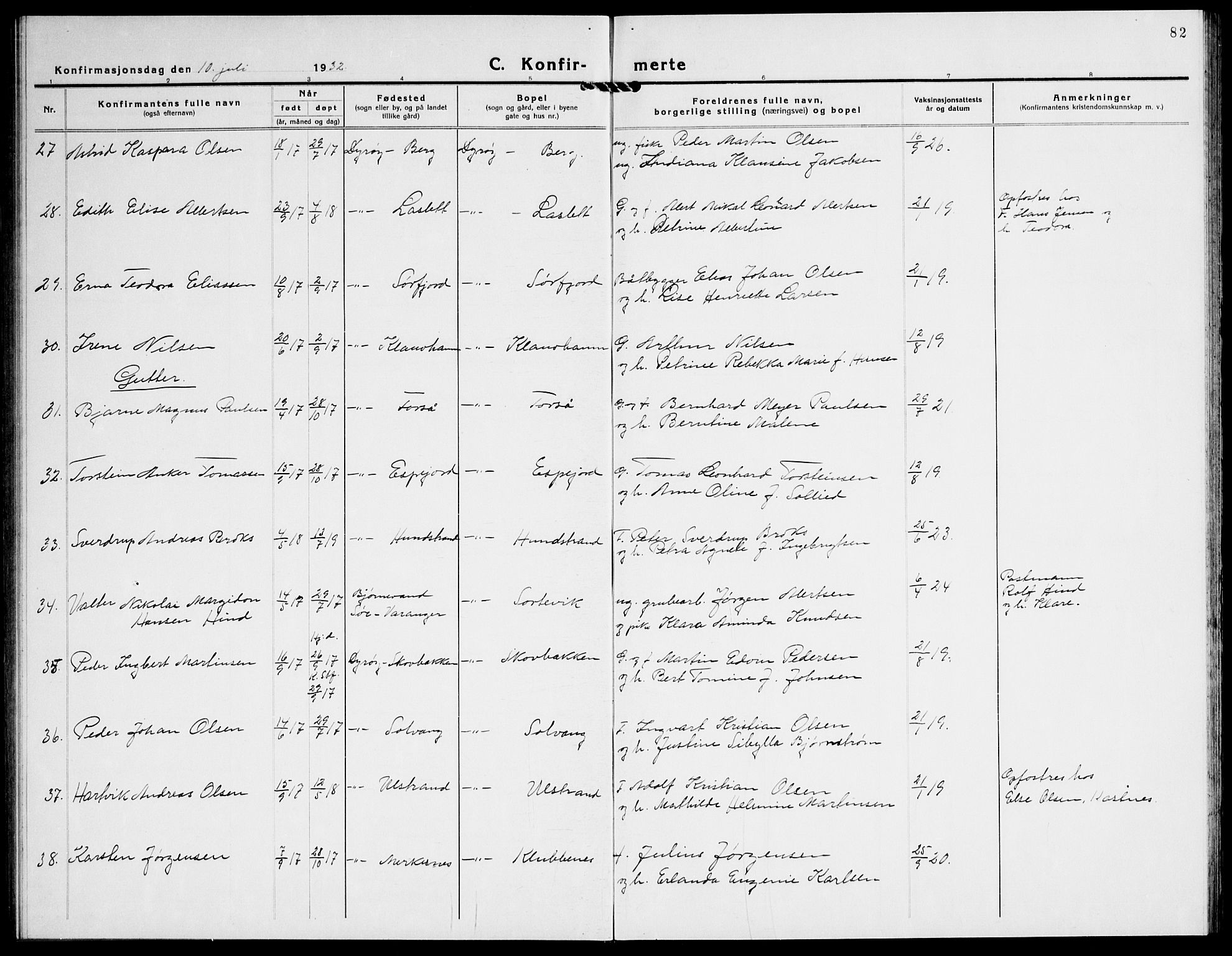 Tranøy sokneprestkontor, AV/SATØ-S-1313/I/Ia/Iab/L0016klokker: Parish register (copy) no. 16, 1930-1945, p. 82