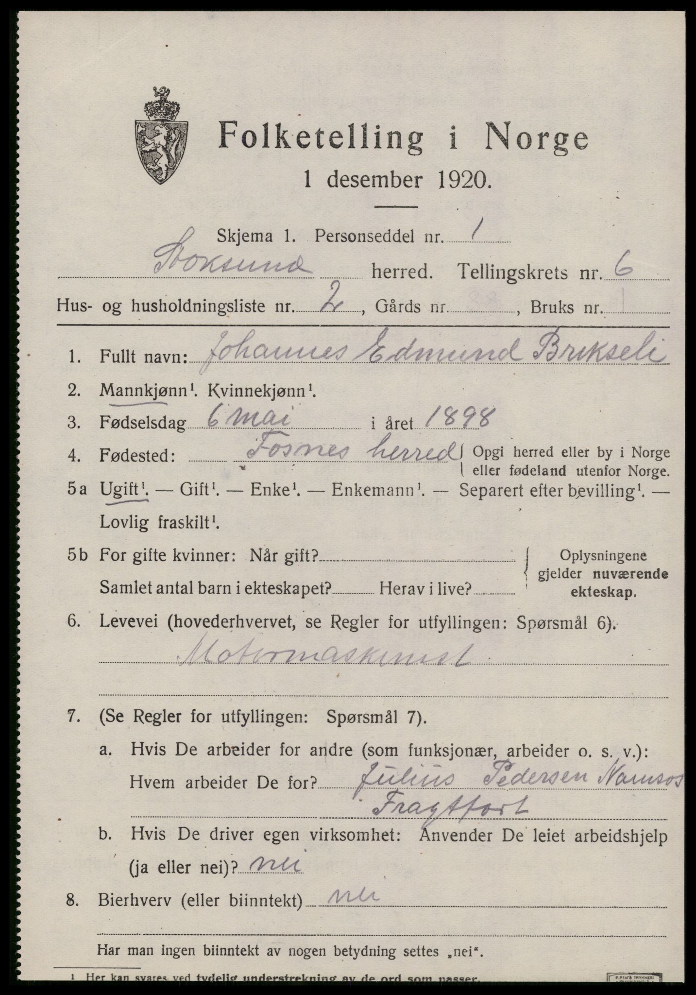 SAT, 1920 census for Stoksund, 1920, p. 3428