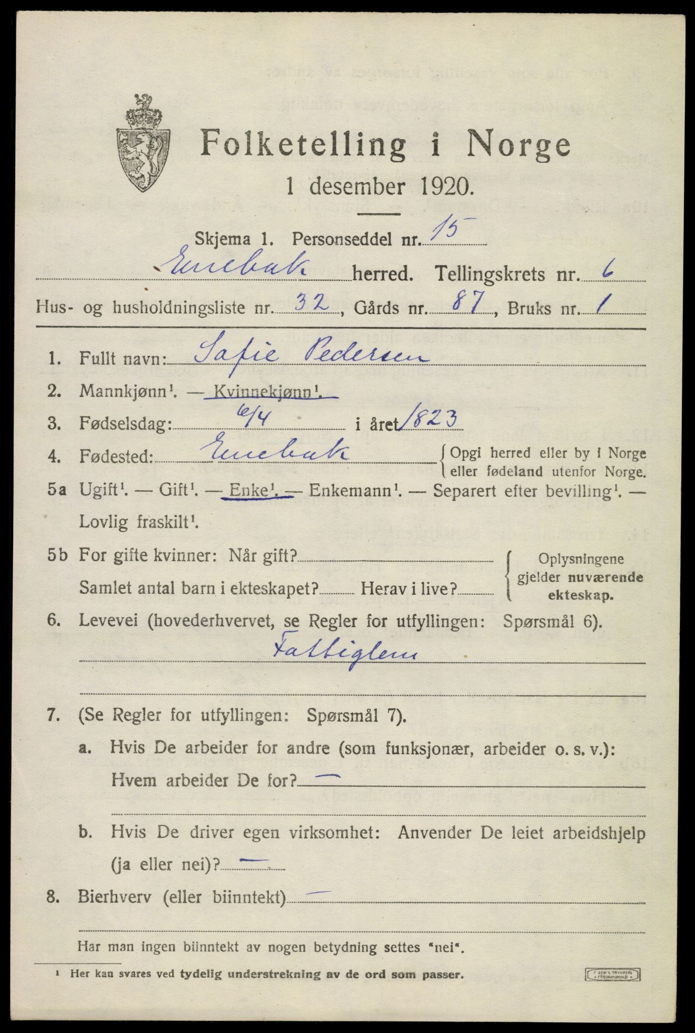 SAO, 1920 census for Enebakk, 1920, p. 5063