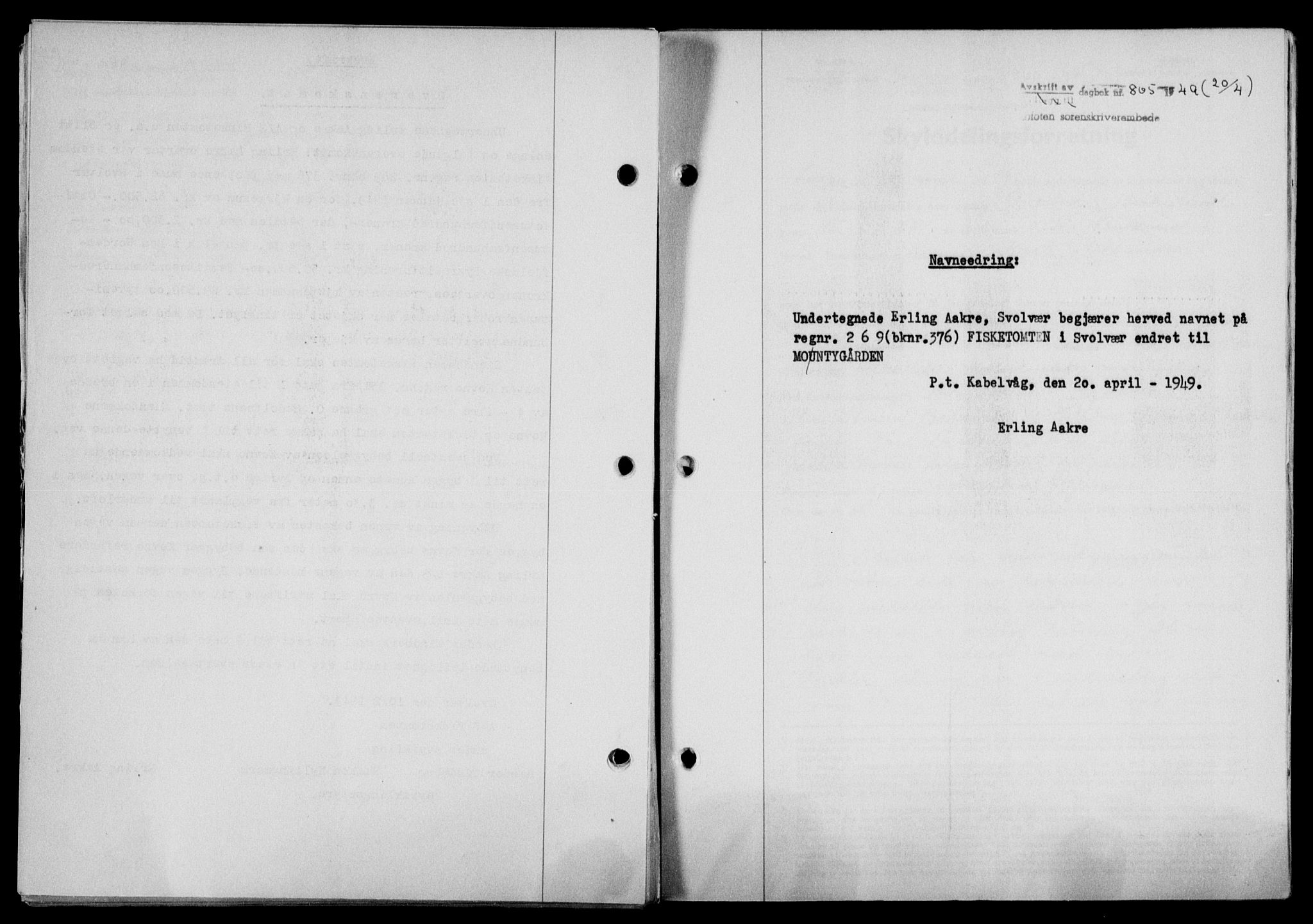 Lofoten sorenskriveri, SAT/A-0017/1/2/2C/L0020a: Mortgage book no. 20a, 1948-1949, Diary no: : 865/1949