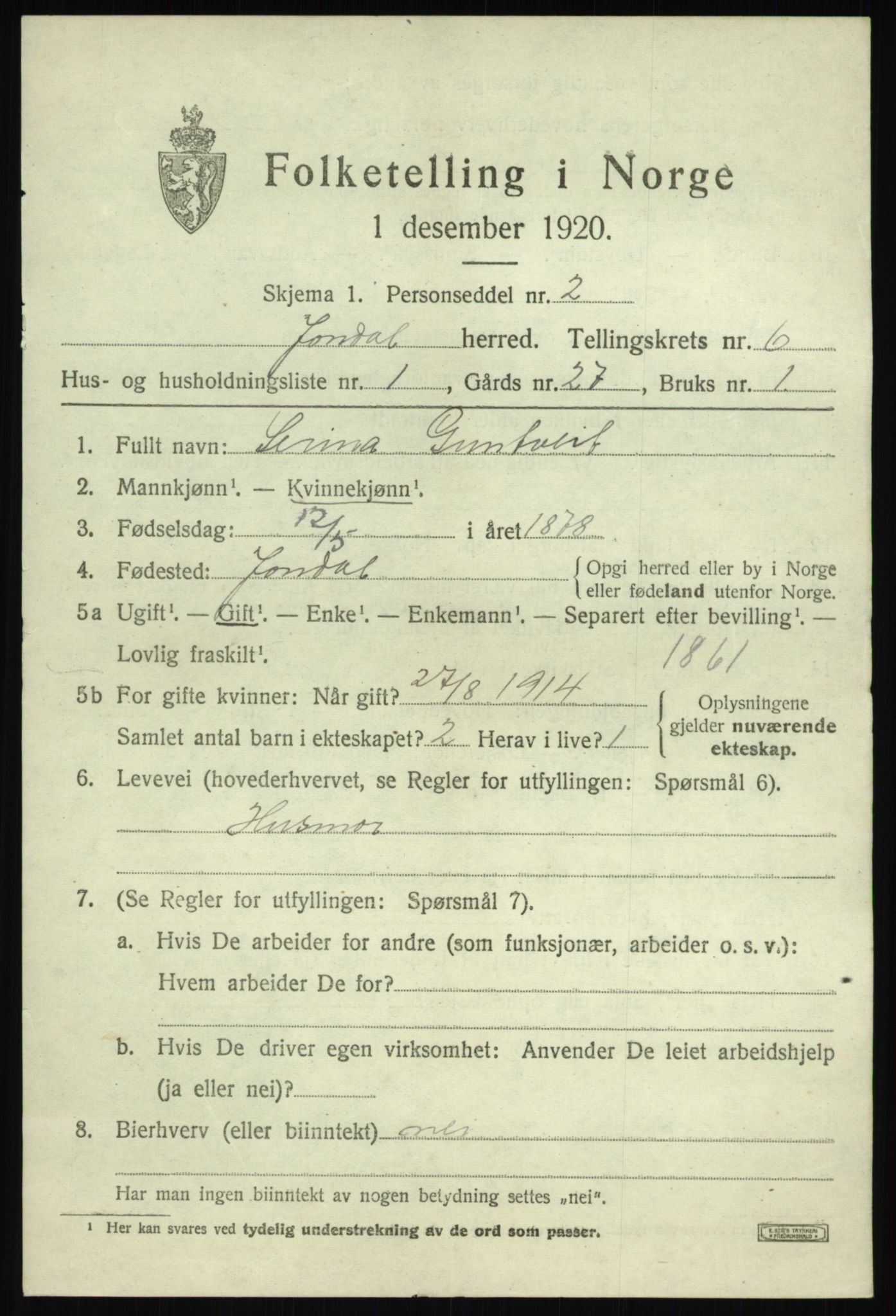 SAB, 1920 census for Jondal, 1920, p. 2852