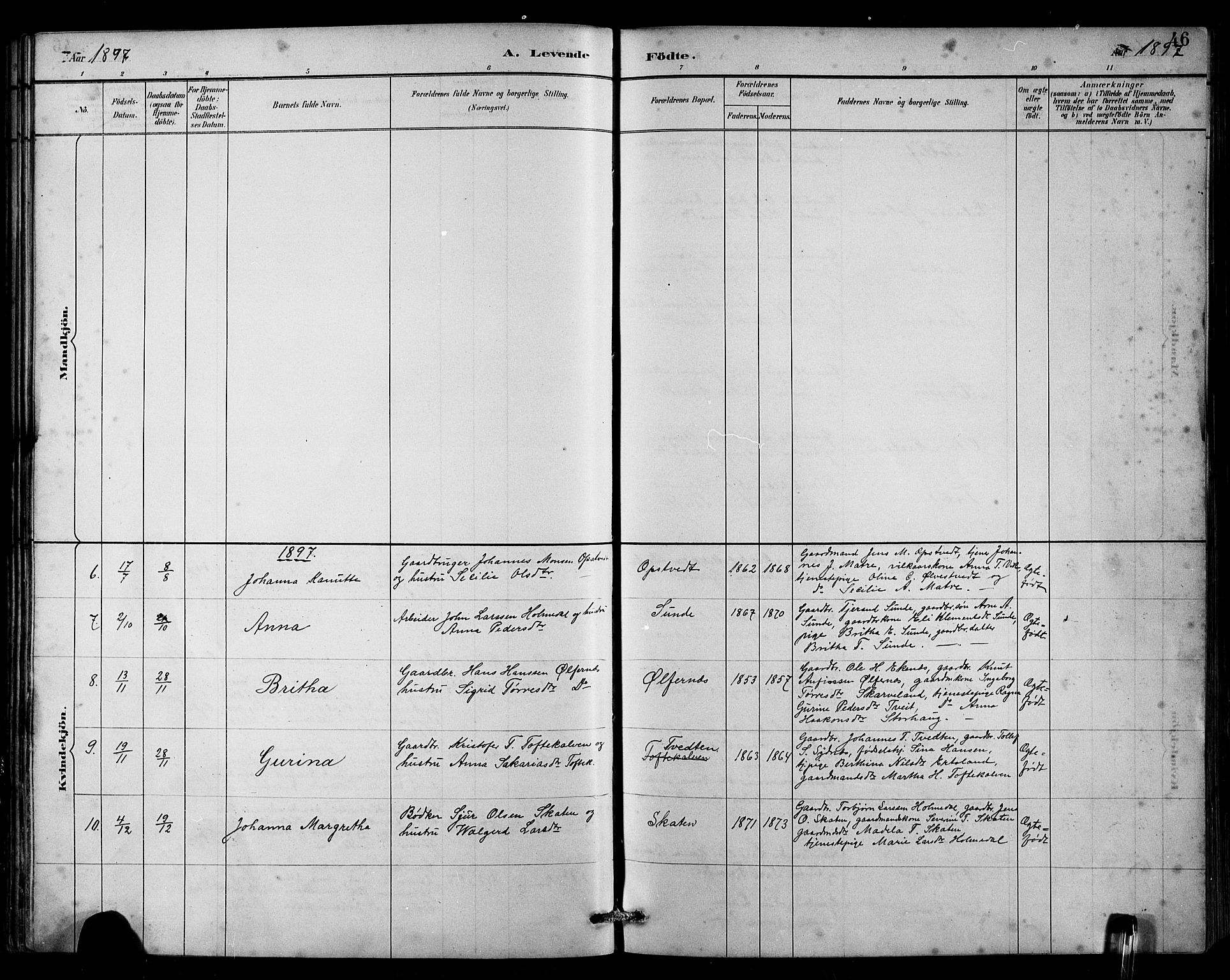 Husnes Sokneprestembete, SAB/A-75901/H/Hab: Parish register (copy) no. B 2, 1884-1914, p. 46