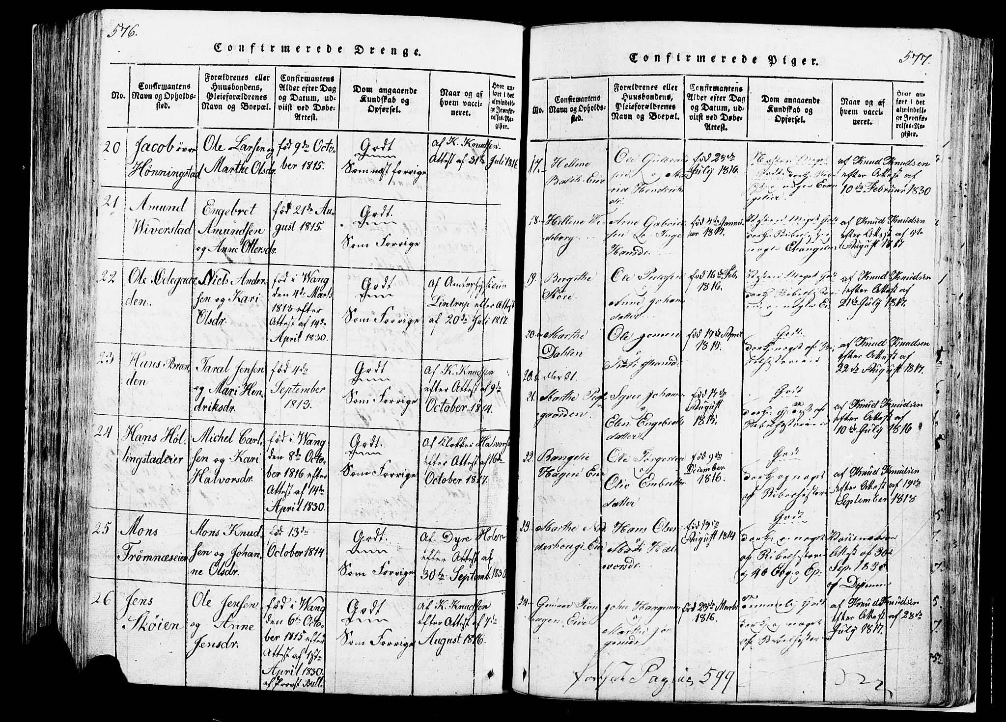 Løten prestekontor, SAH/PREST-022/K/Ka/L0005: Parish register (official) no. 5, 1814-1832, p. 576-577