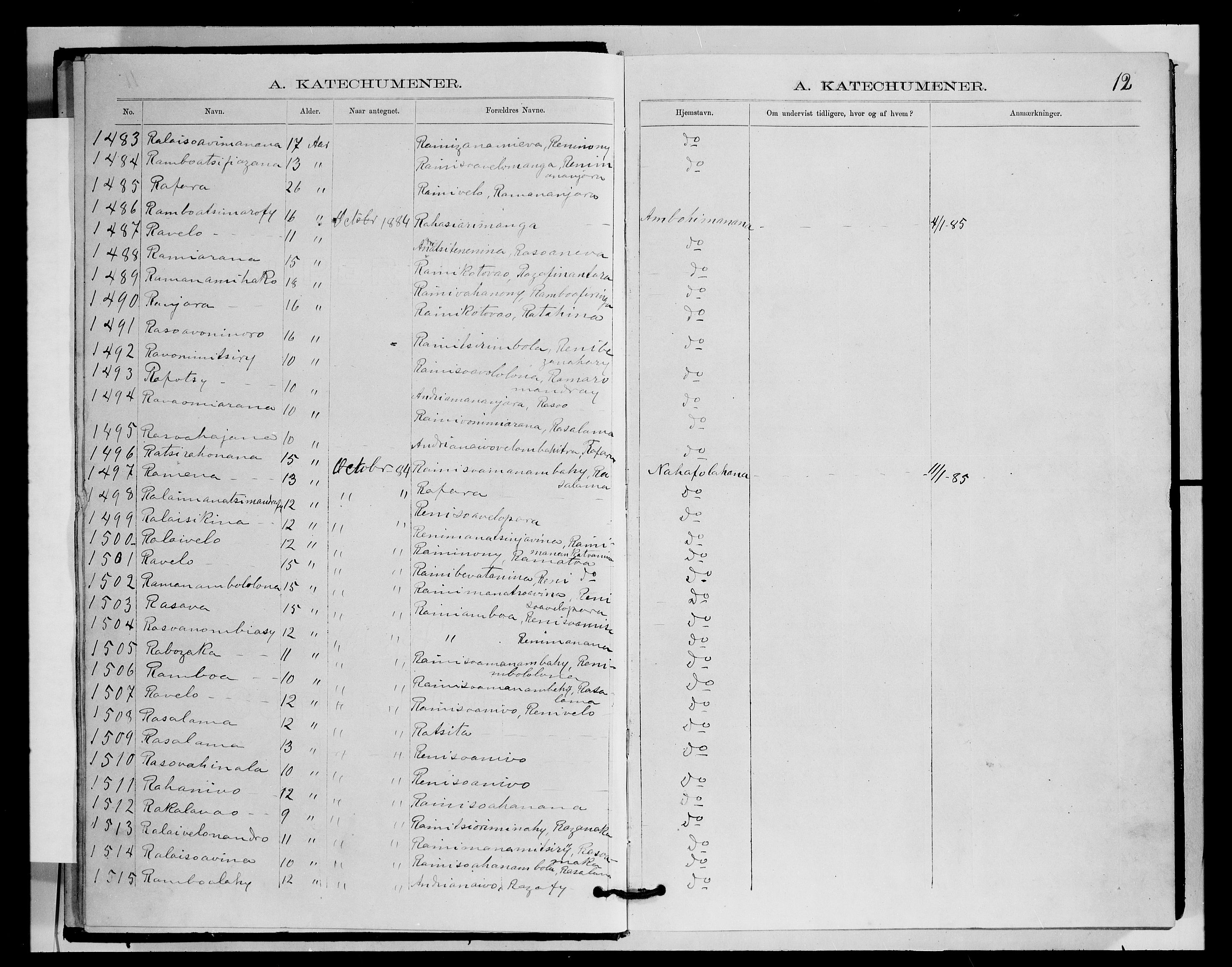 Archives FLM/NMS, Madagaskar, VID/MA-A-1163/D/Db/L0270: Parish register (official) no. 2, 1883-1886, p. 12