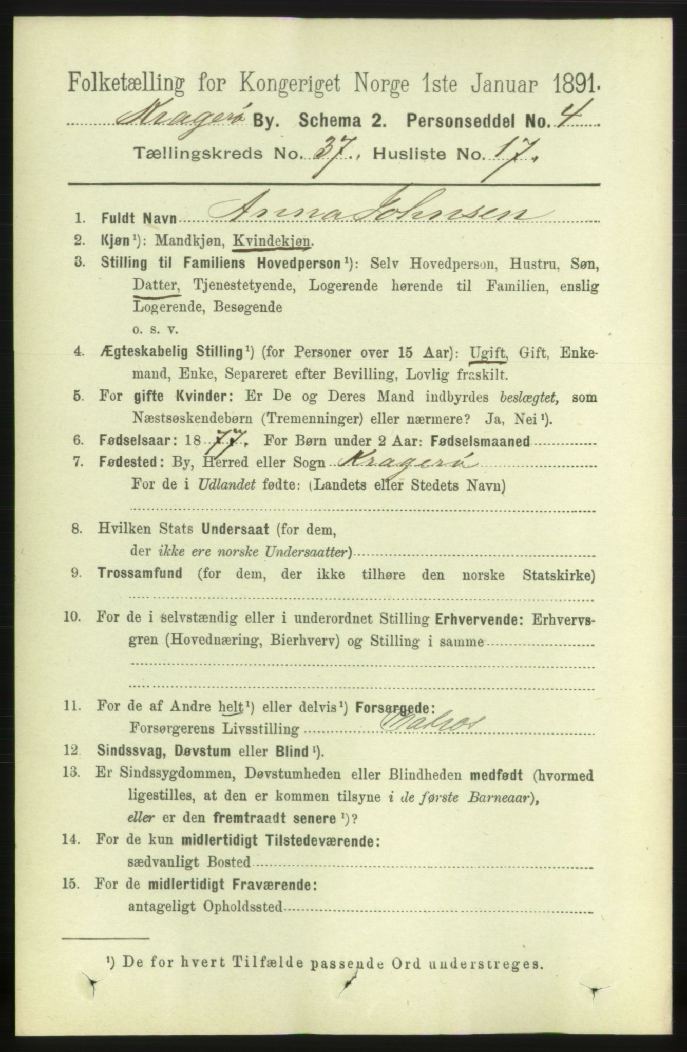 RA, 1891 census for 0801 Kragerø, 1891, p. 6865