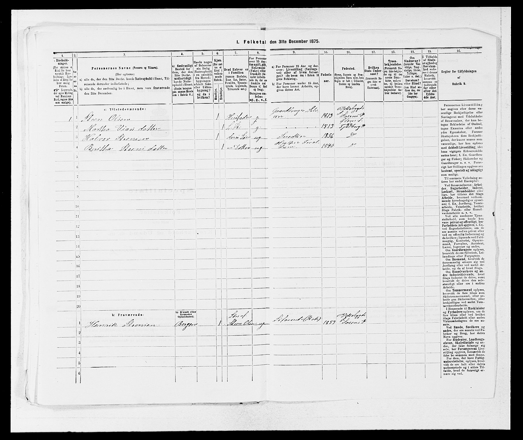 SAB, 1875 census for 1216P Sveio, 1875, p. 285