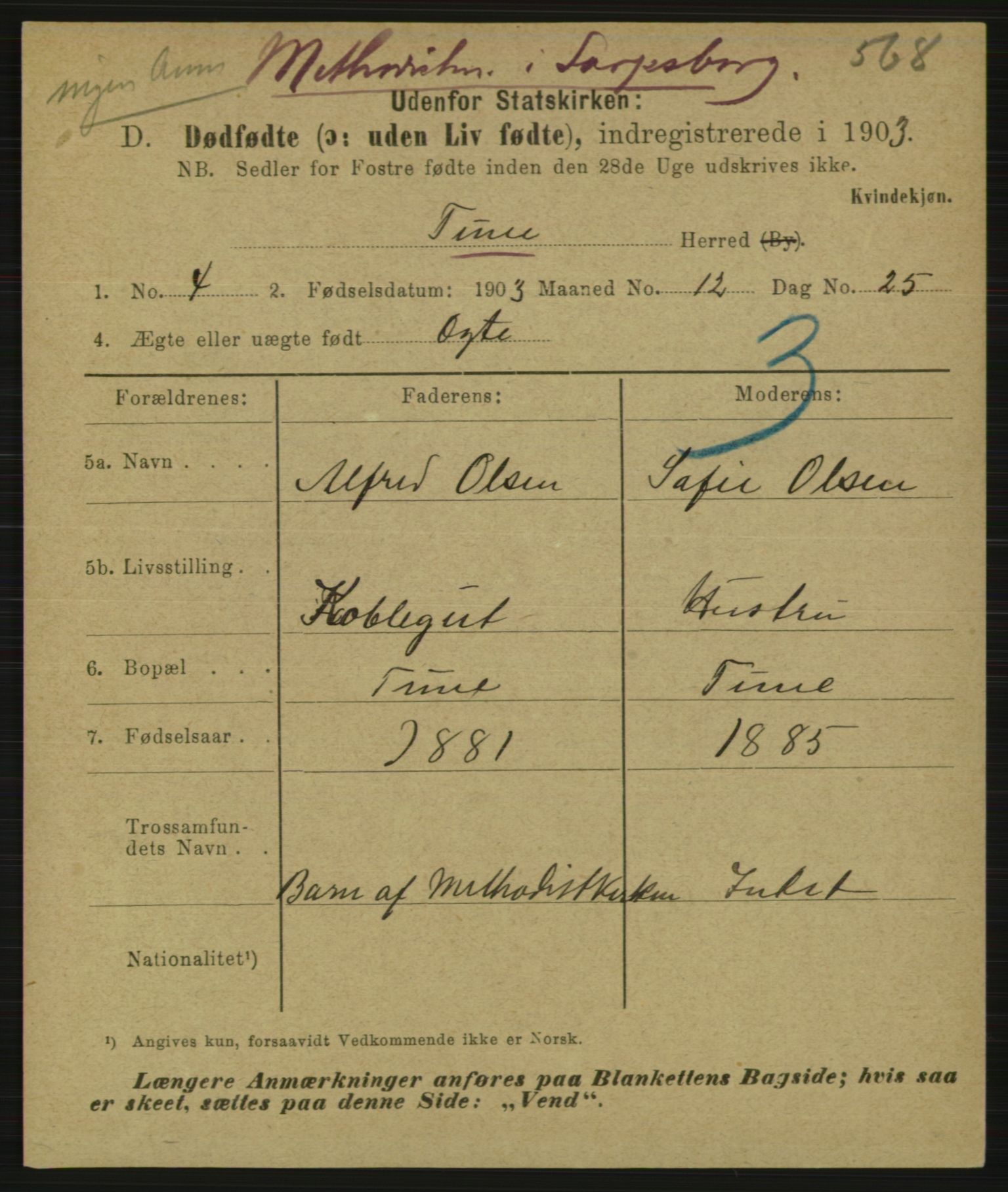 Statistisk sentralbyrå, Sosiodemografiske emner, Befolkning, AV/RA-S-2228/E/L0001: Fødte, gifte, døde dissentere., 1903, p. 3151