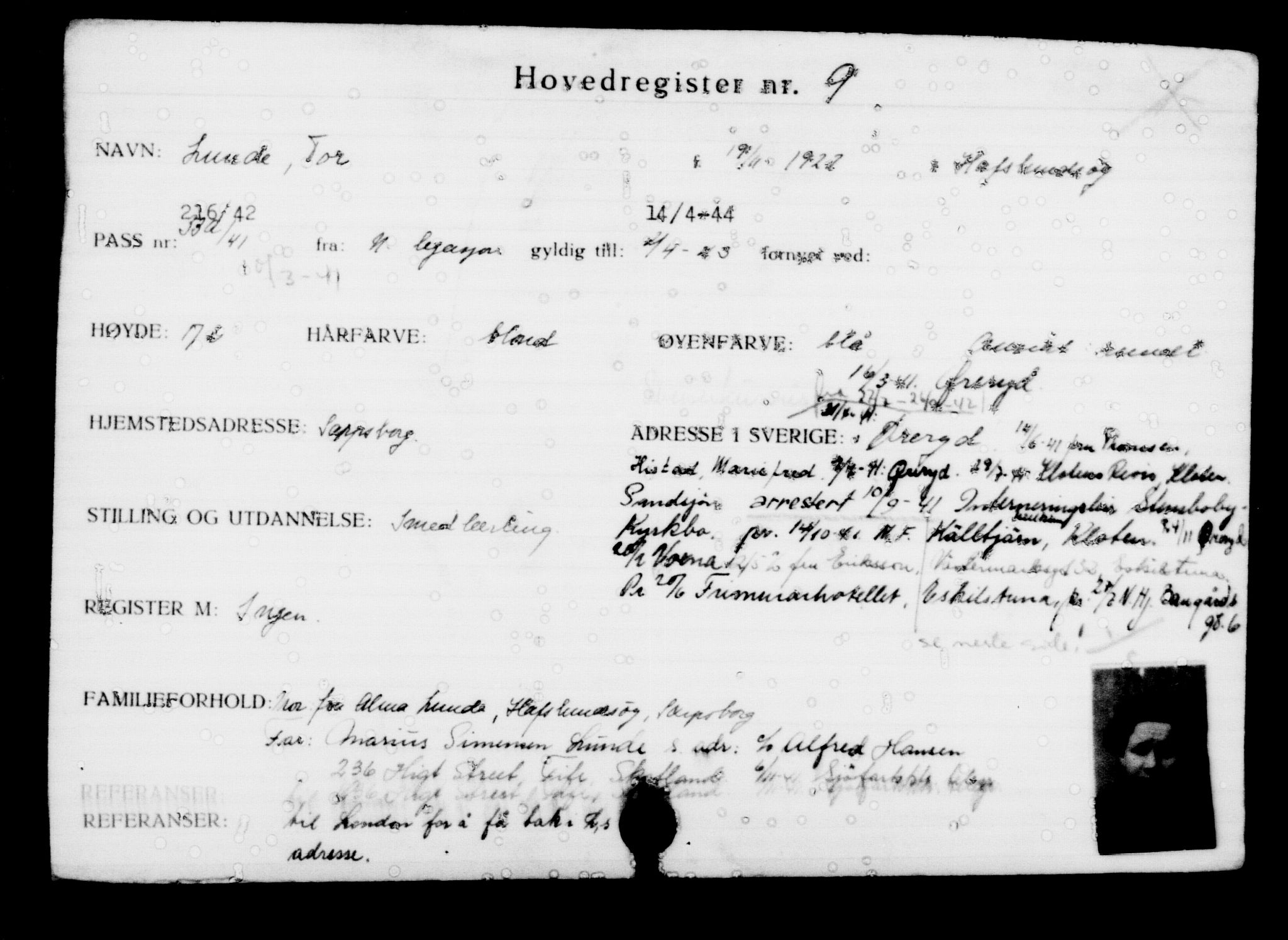 Utenriksstasjonene, Legasjonen i Stockholm, Flyktningkontoret, AV/RA-S-6753/V/Va/L0001: Kjesäterkartoteket, flyktninger med registreringsnr. 1-1000, 1940-1945, p. 11