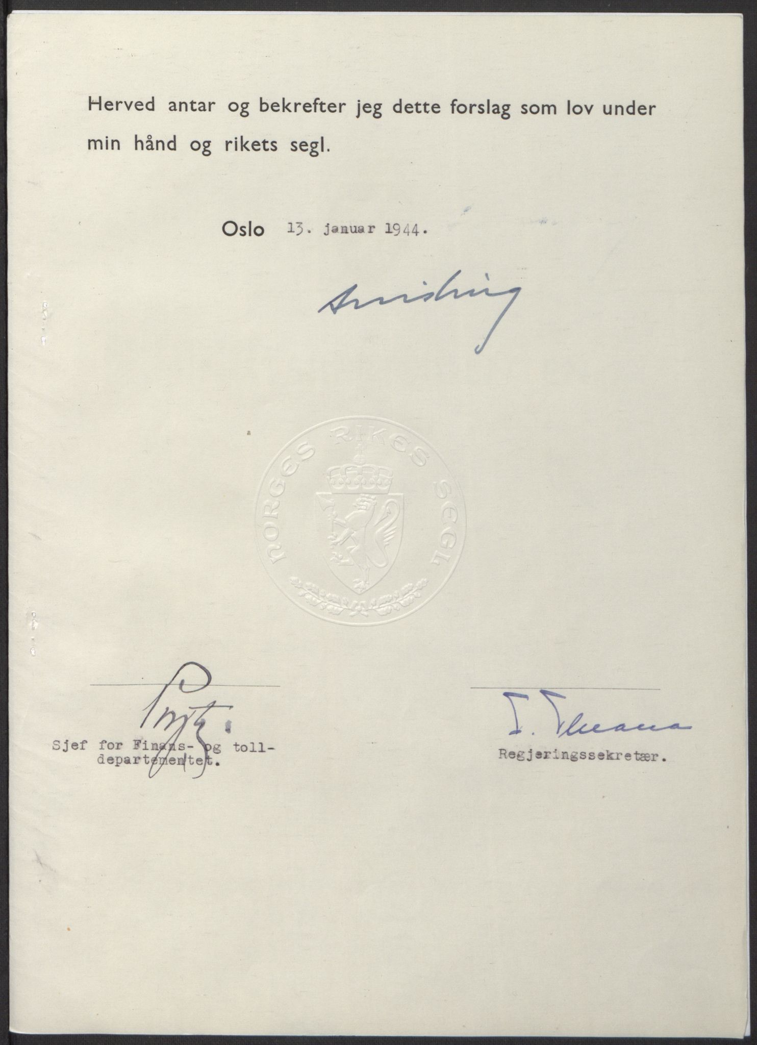 NS-administrasjonen 1940-1945 (Statsrådsekretariatet, de kommisariske statsråder mm), RA/S-4279/D/Db/L0100: Lover, 1944, p. 29