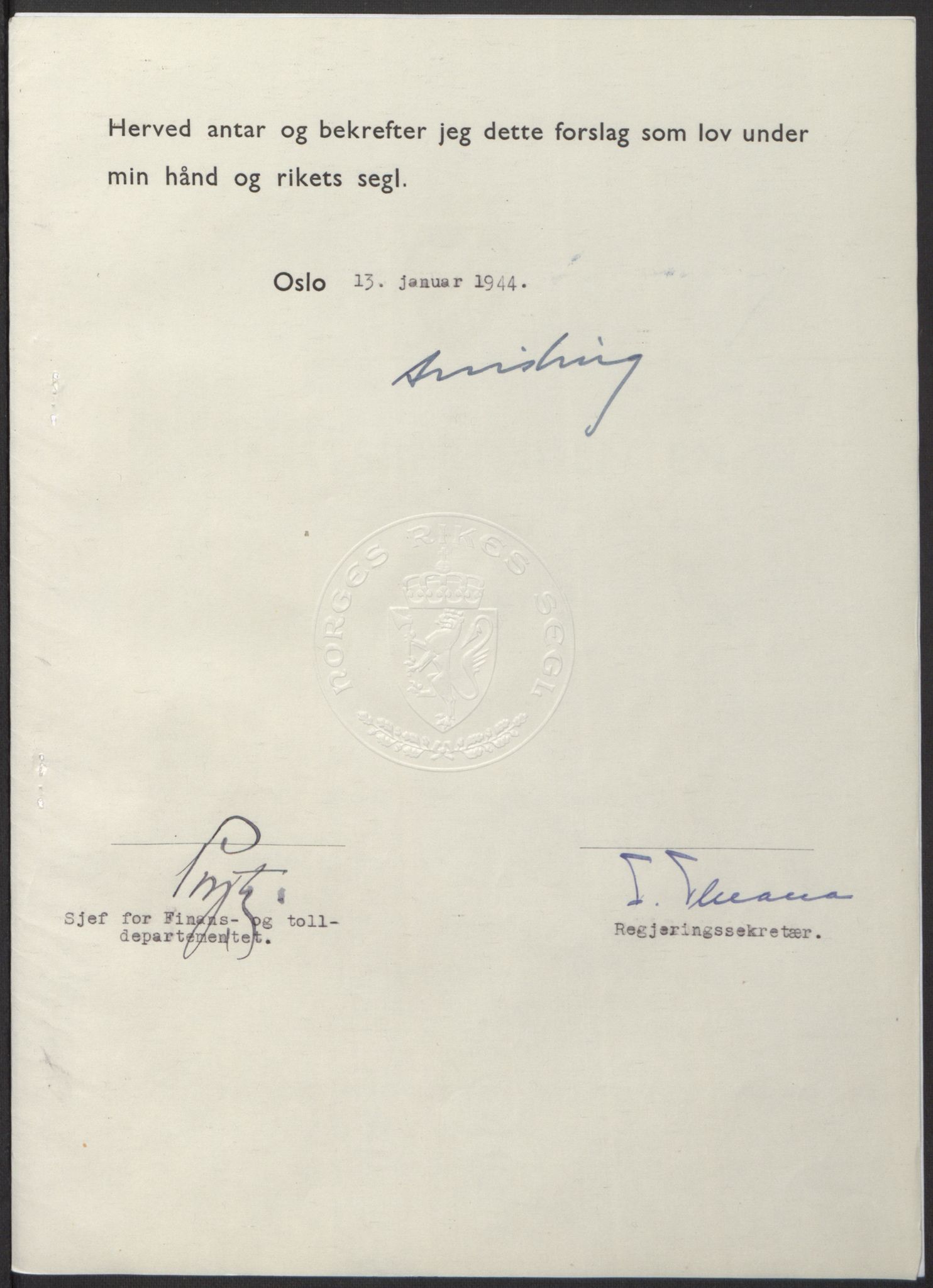 NS-administrasjonen 1940-1945 (Statsrådsekretariatet, de kommisariske statsråder mm), AV/RA-S-4279/D/Db/L0100: Lover, 1944, p. 29