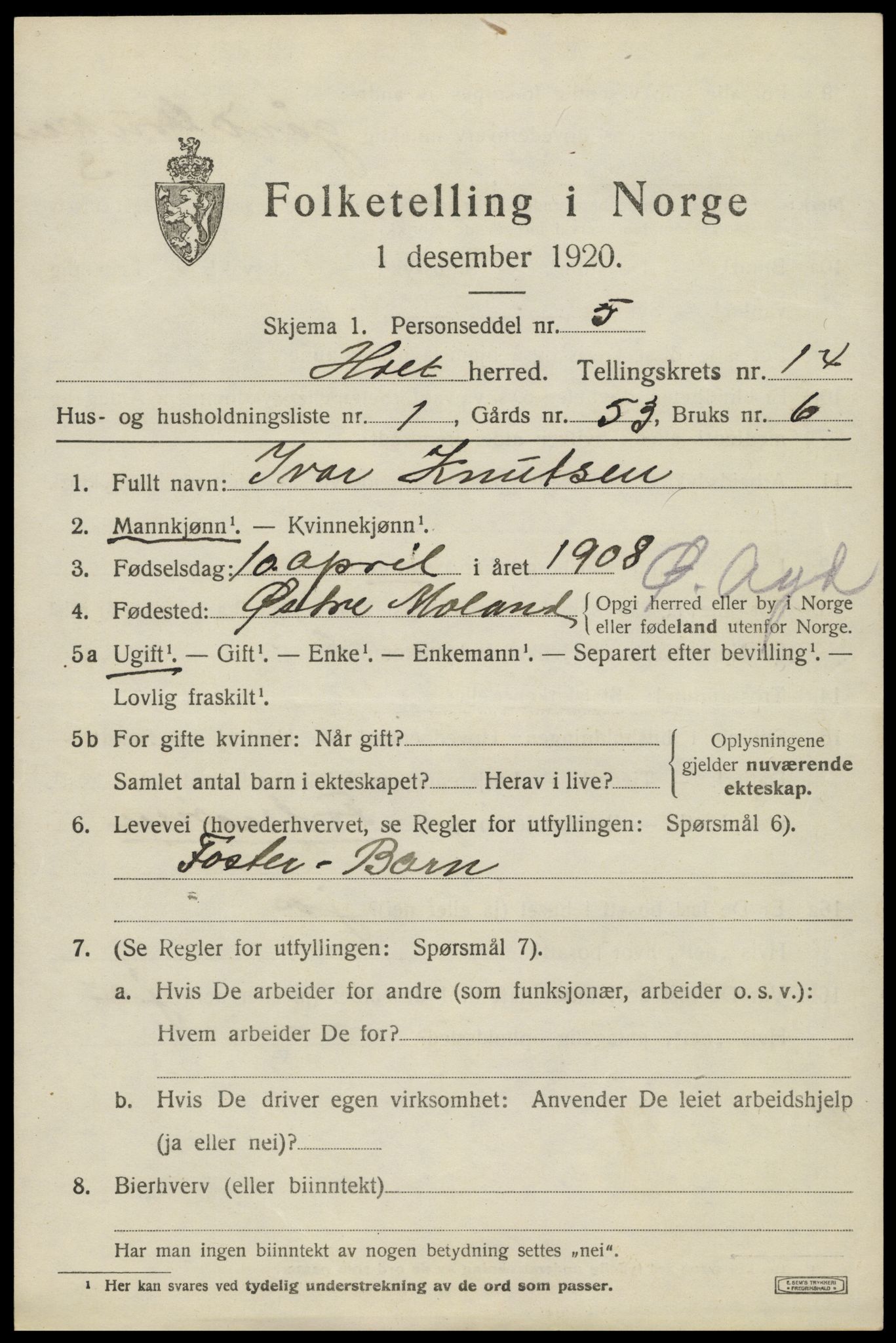 SAK, 1920 census for Holt, 1920, p. 7986