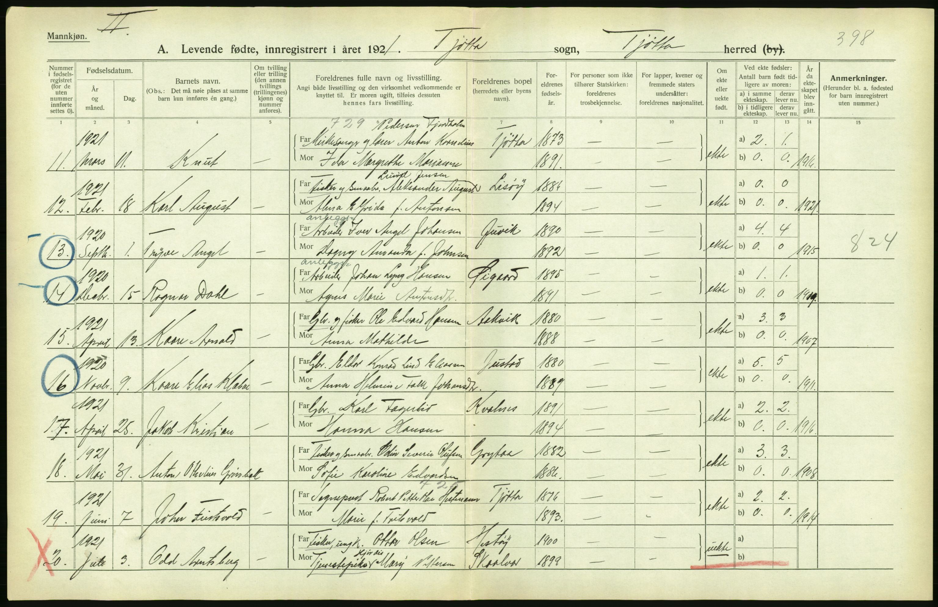 Statistisk sentralbyrå, Sosiodemografiske emner, Befolkning, AV/RA-S-2228/D/Df/Dfc/Dfca/L0049: Nordland fylke: Levendefødte menn og kvinner. Bygder., 1921, p. 502