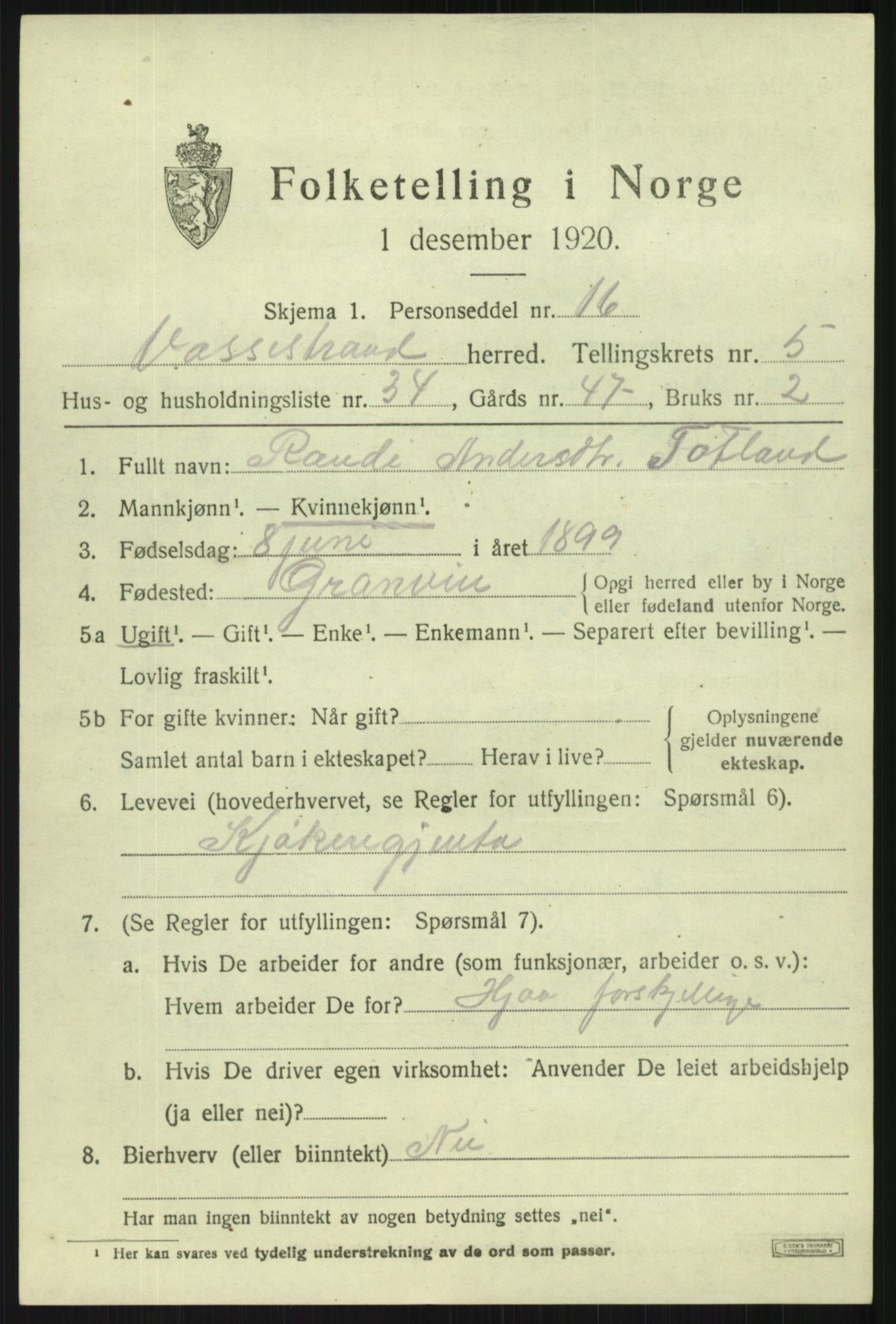 SAB, 1920 census for Vossestrand, 1920, p. 2816