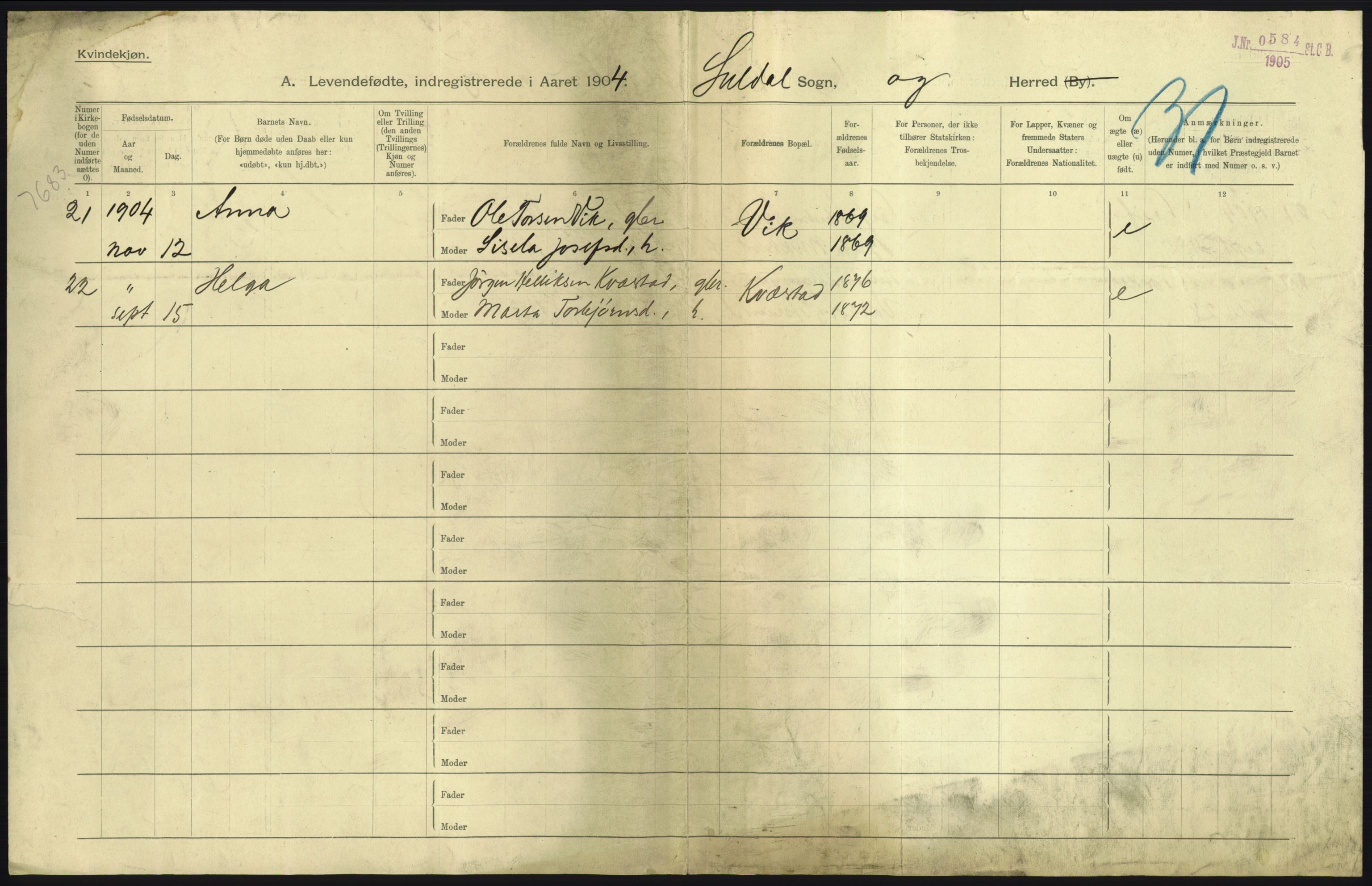 Statistisk sentralbyrå, Sosiodemografiske emner, Befolkning, AV/RA-S-2228/D/Df/Dfa/Dfab/L0012: Stavanger amt: Fødte, gifte, døde, 1904, p. 331