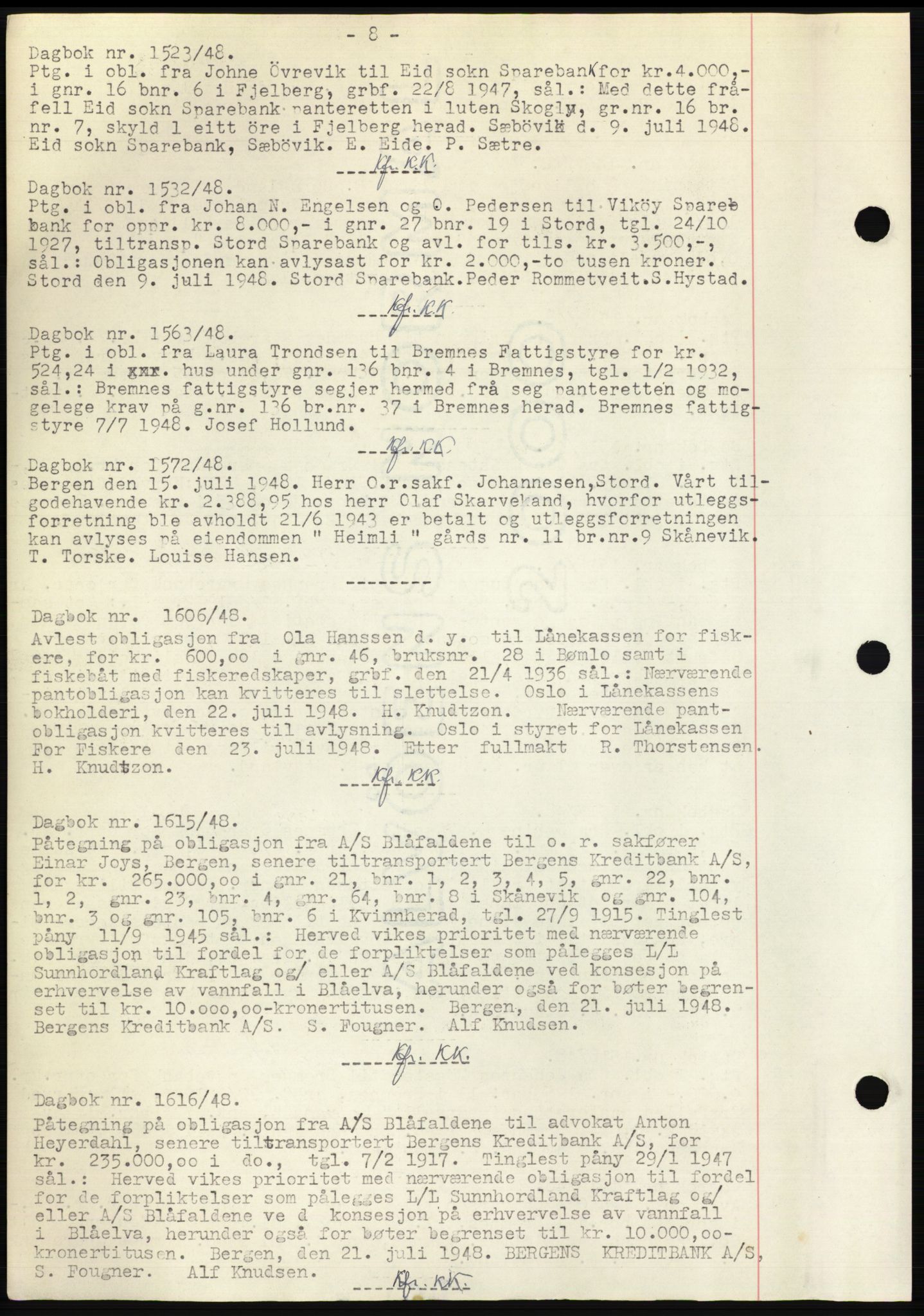 Sunnhordland sorenskrivar, AV/SAB-A-2401: Mortgage book no. B75-79, 1948-1950, Diary no: : 1523/1948