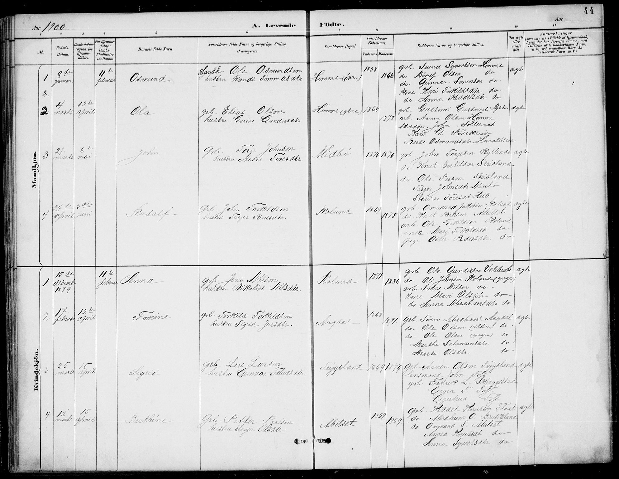 Bjelland sokneprestkontor, SAK/1111-0005/F/Fb/Fba/L0005: Parish register (copy) no. B 5, 1887-1923, p. 44
