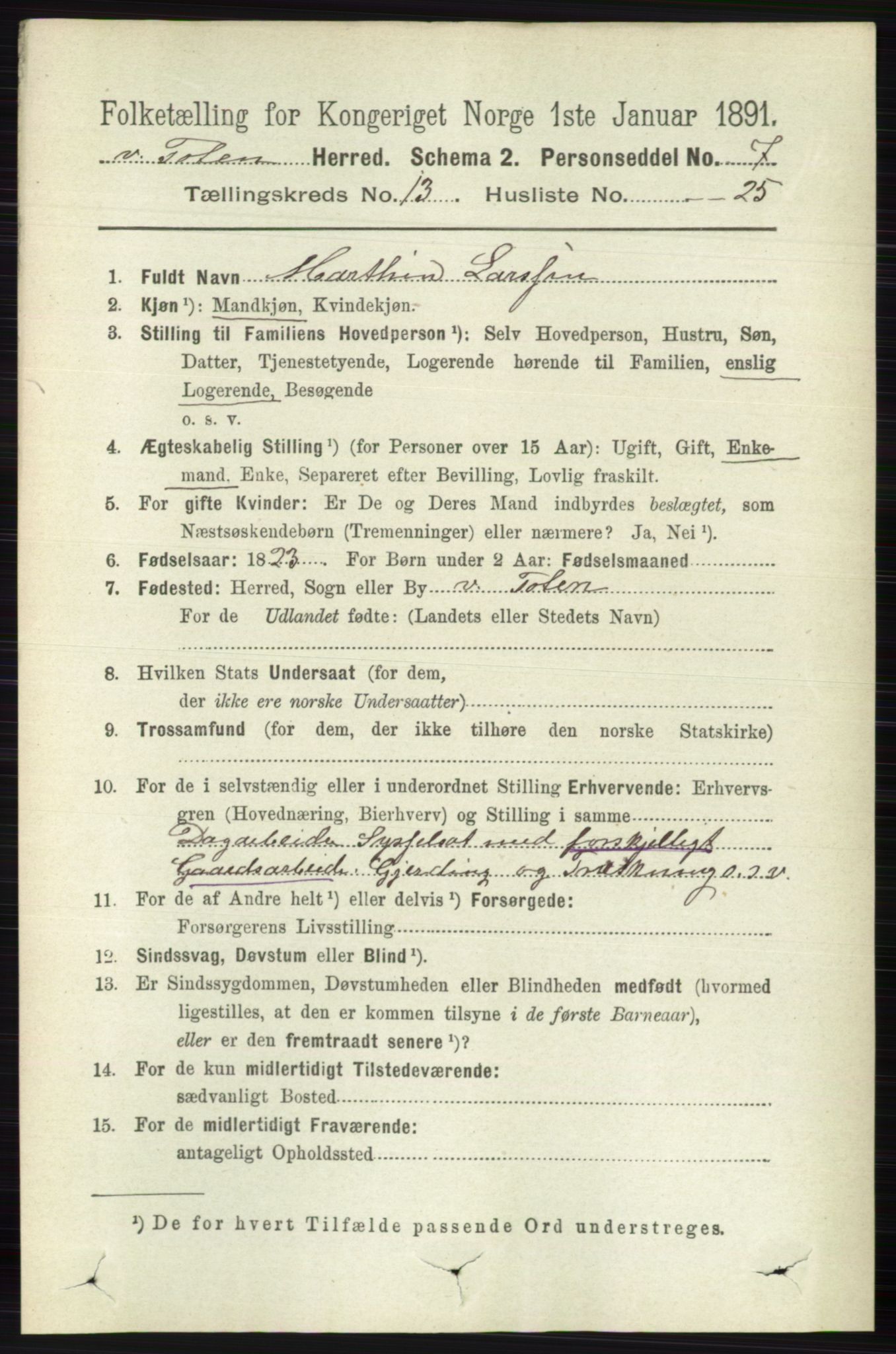 RA, 1891 census for 0529 Vestre Toten, 1891, p. 7934