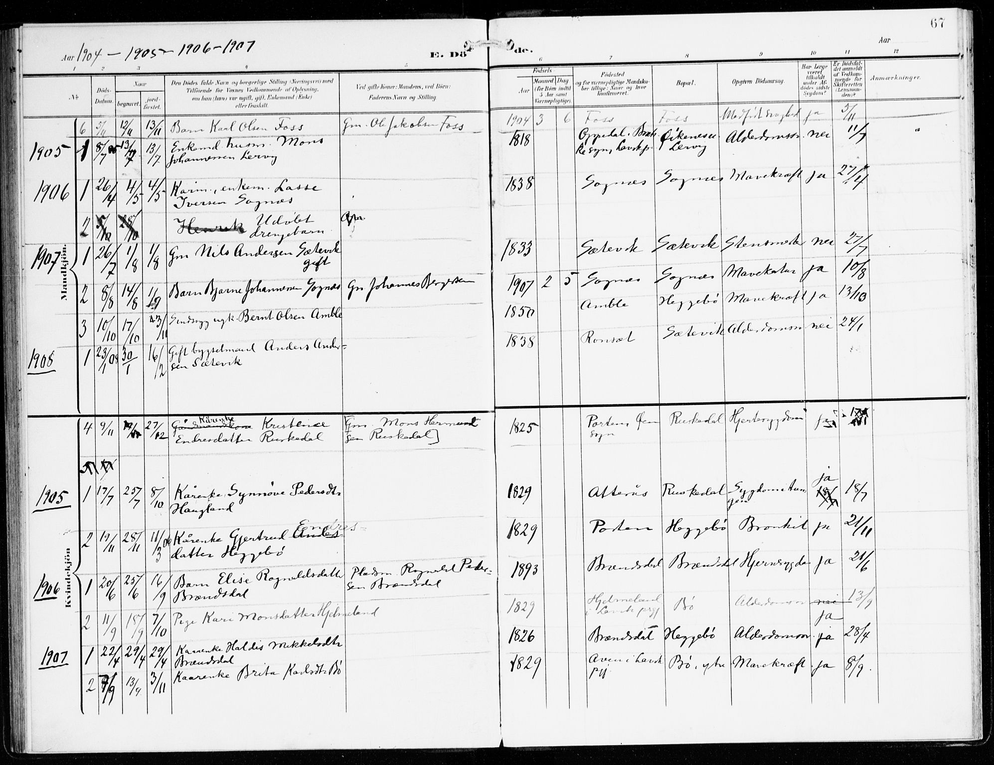 Hyllestad sokneprestembete, SAB/A-80401: Parish register (official) no. C 2, 1904-1917, p. 67