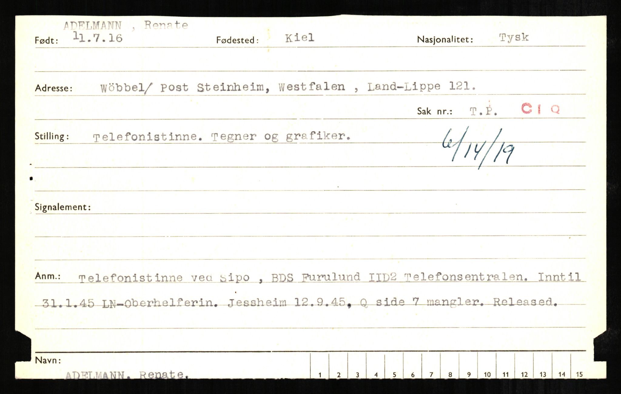 Forsvaret, Forsvarets overkommando II, AV/RA-RAFA-3915/D/Db/L0001: CI Questionaires. Tyske okkupasjonsstyrker i Norge. Tyskere., 1945-1946, p. 87