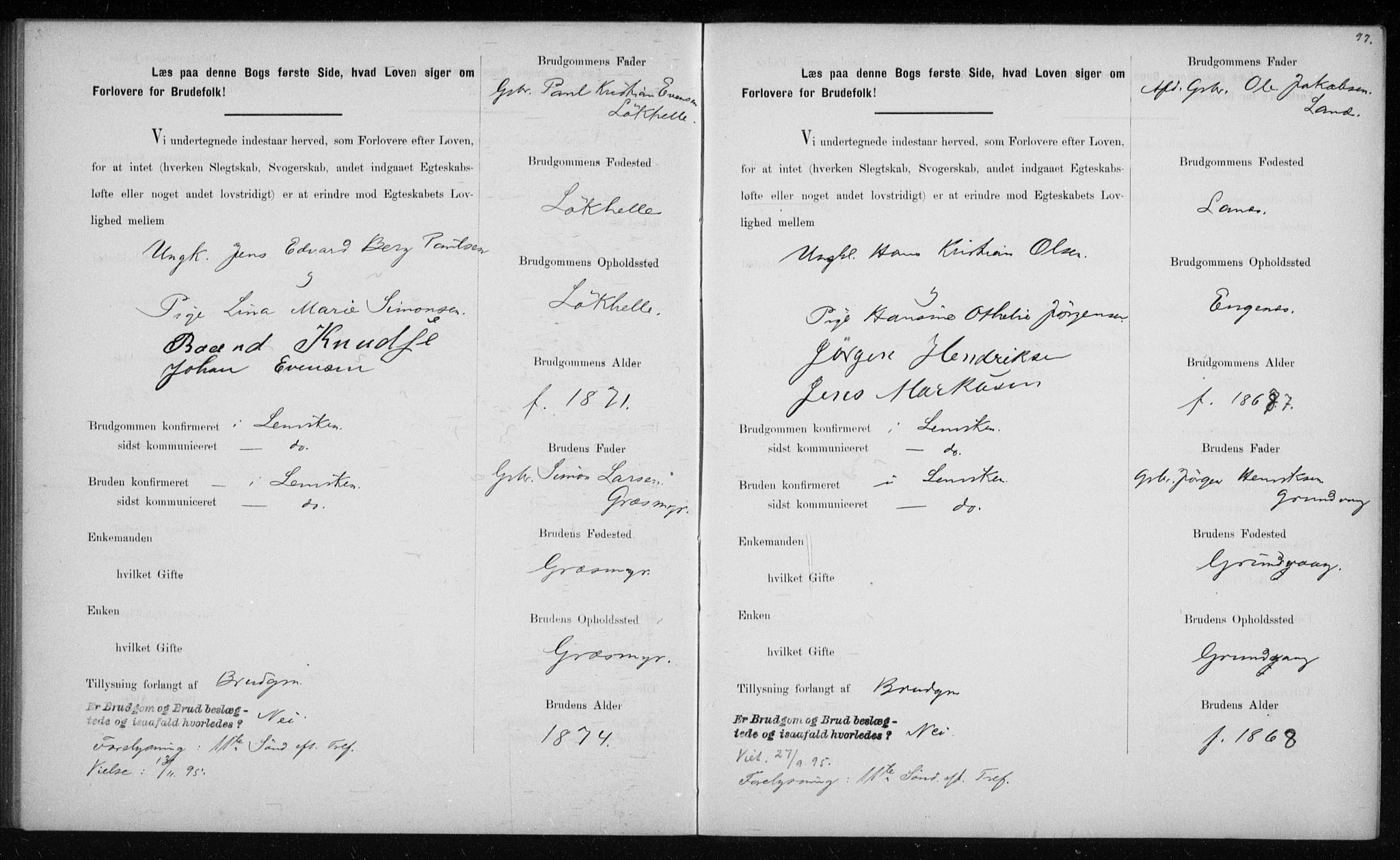 Lenvik sokneprestembete, AV/SATØ-S-1310/I/Ie/L0129: Banns register no. 129, 1890-1895, p. 97