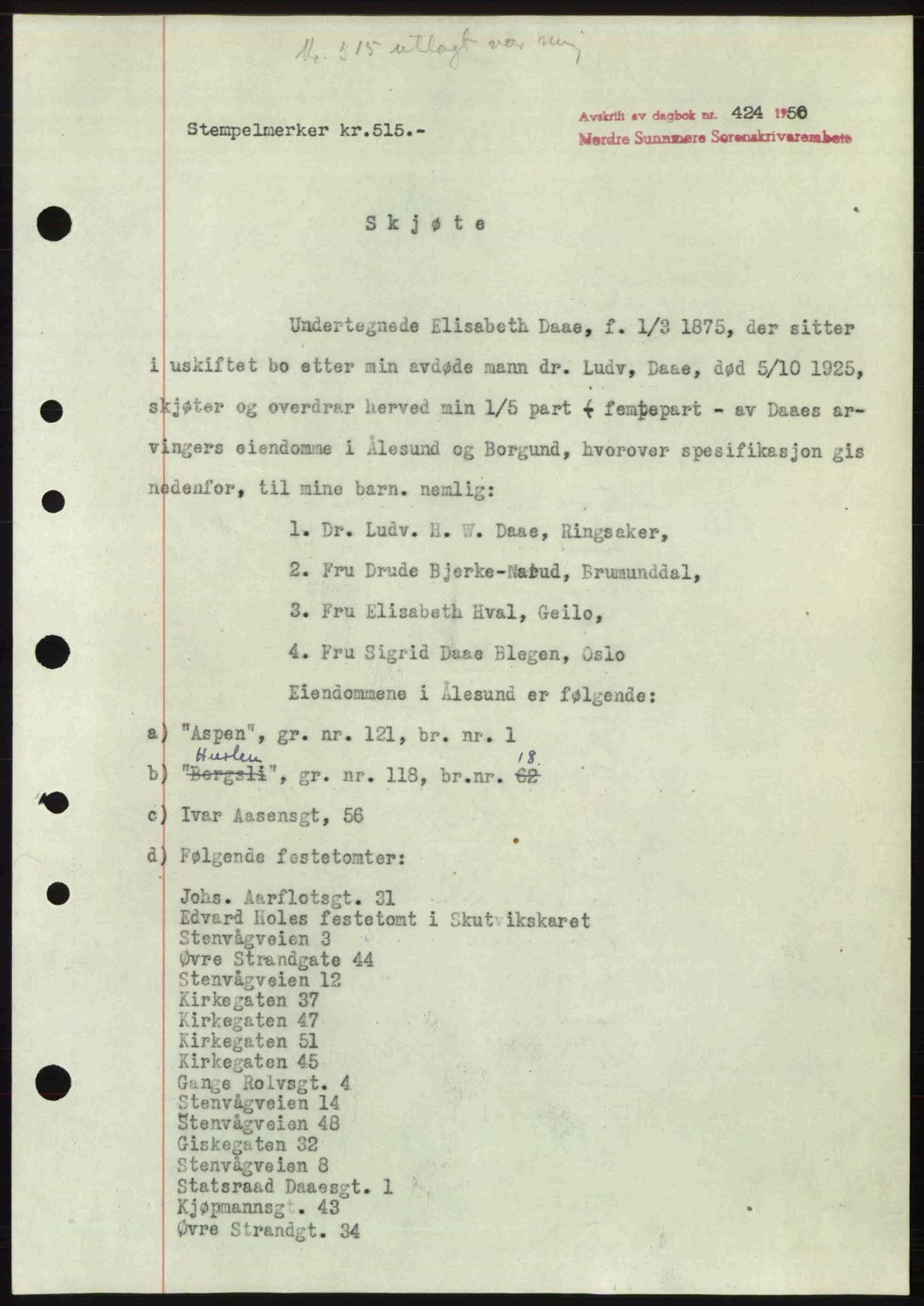 Nordre Sunnmøre sorenskriveri, AV/SAT-A-0006/1/2/2C/2Ca: Mortgage book no. A33, 1949-1950, Diary no: : 424/1950