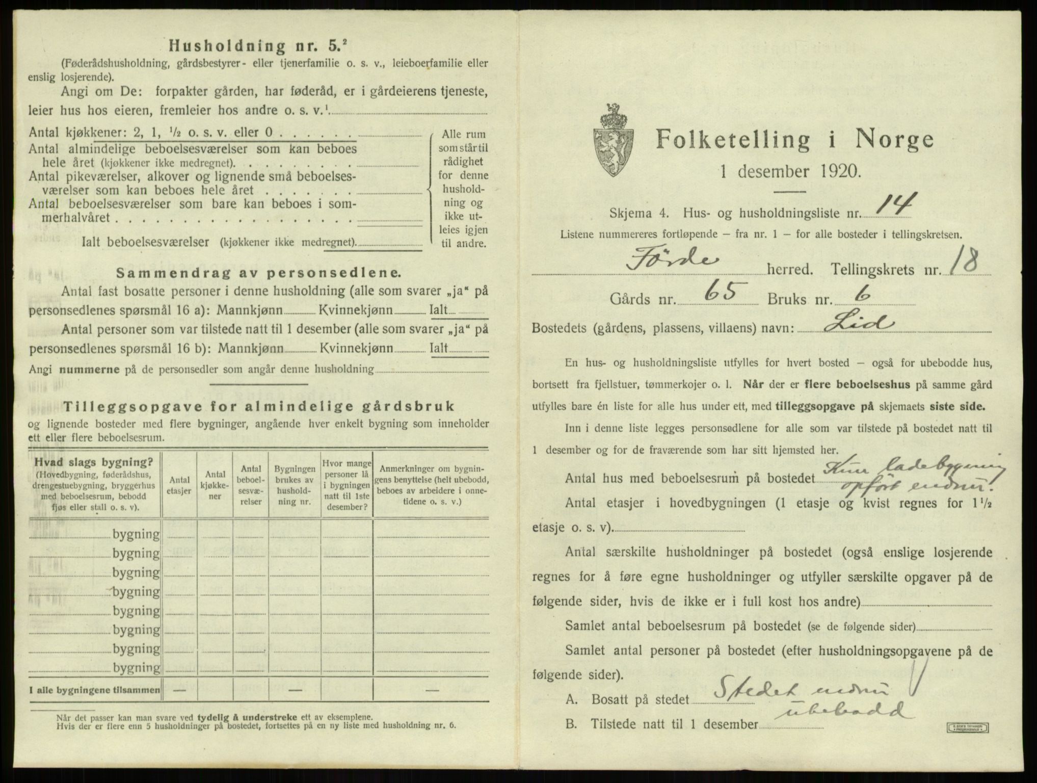 SAB, 1920 census for Førde, 1920, p. 1032