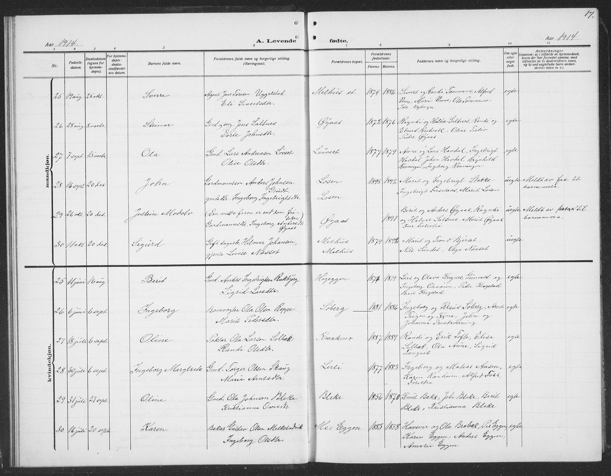 Ministerialprotokoller, klokkerbøker og fødselsregistre - Sør-Trøndelag, SAT/A-1456/691/L1095: Parish register (copy) no. 691C06, 1912-1933, p. 17