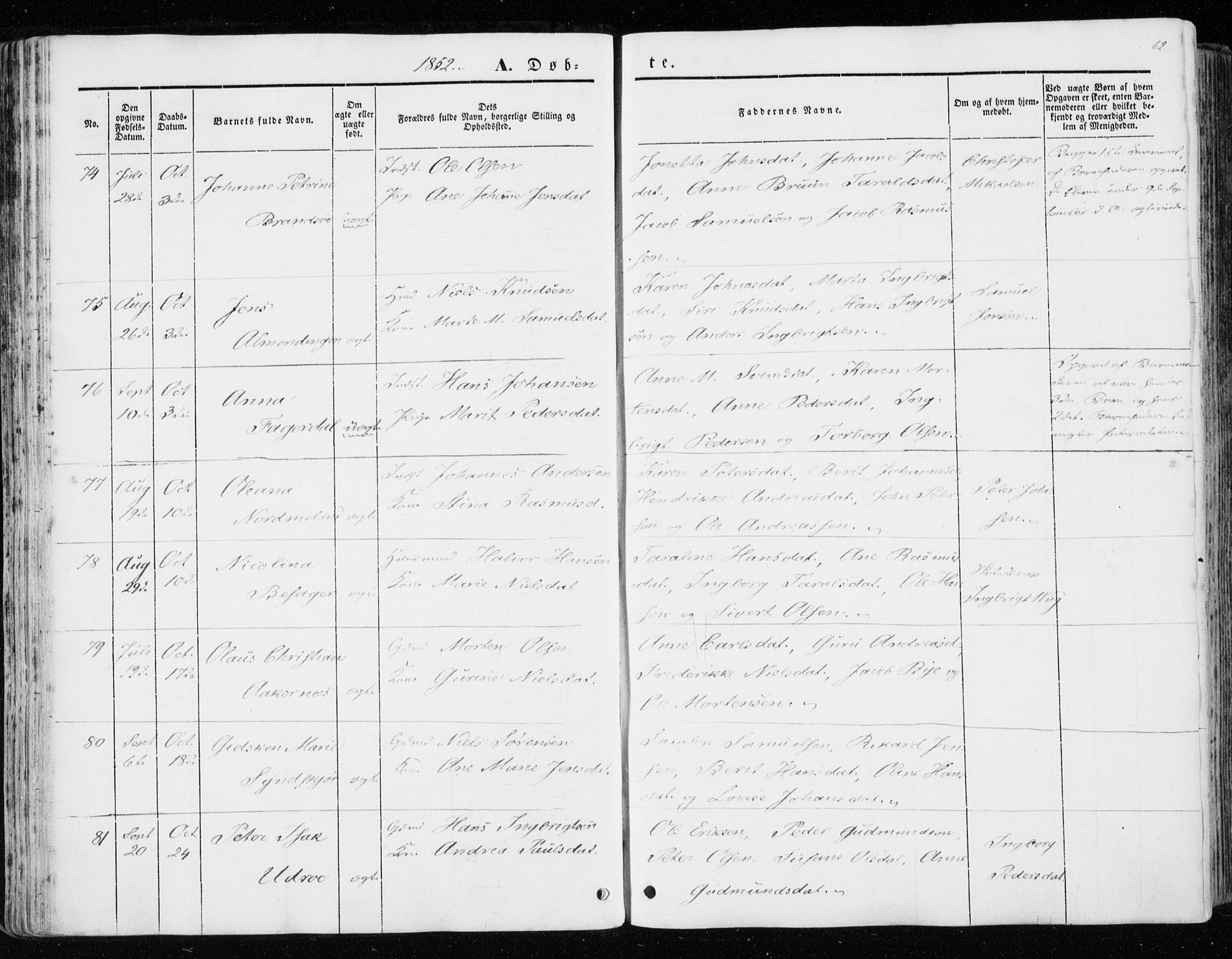 Ministerialprotokoller, klokkerbøker og fødselsregistre - Sør-Trøndelag, SAT/A-1456/657/L0704: Parish register (official) no. 657A05, 1846-1857, p. 62