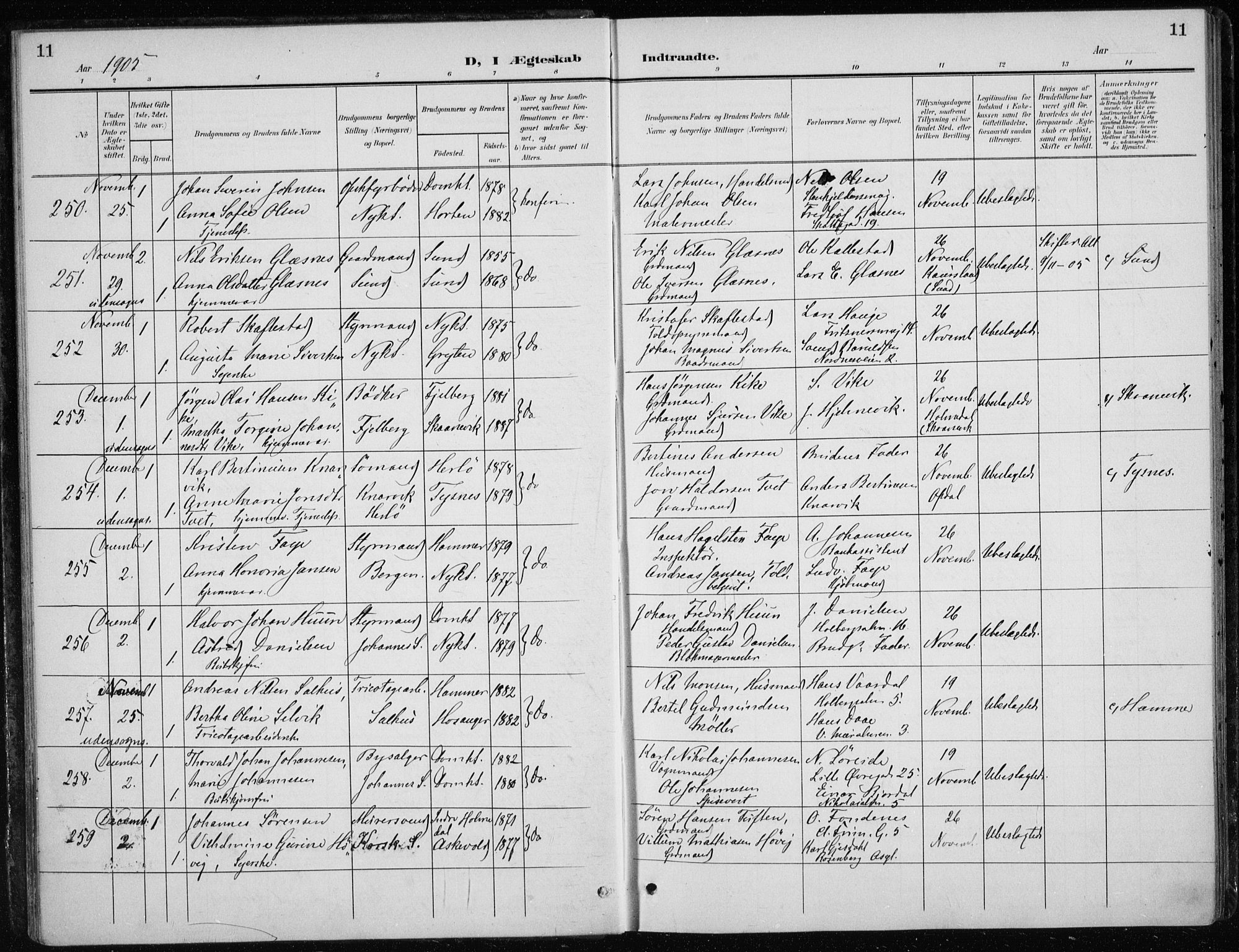 Nykirken Sokneprestembete, AV/SAB-A-77101/H/Haa/L0035: Parish register (official) no. D 5, 1905-1913, p. 11