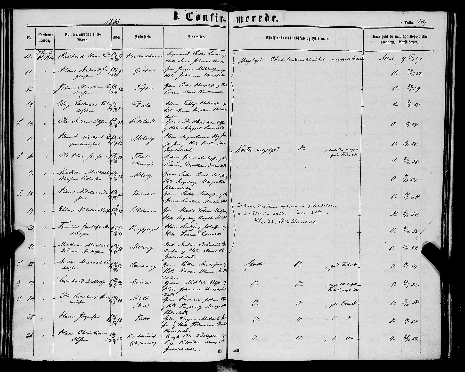 Trondenes sokneprestkontor, AV/SATØ-S-1319/H/Ha/L0012kirke: Parish register (official) no. 12, 1863-1870, p. 149