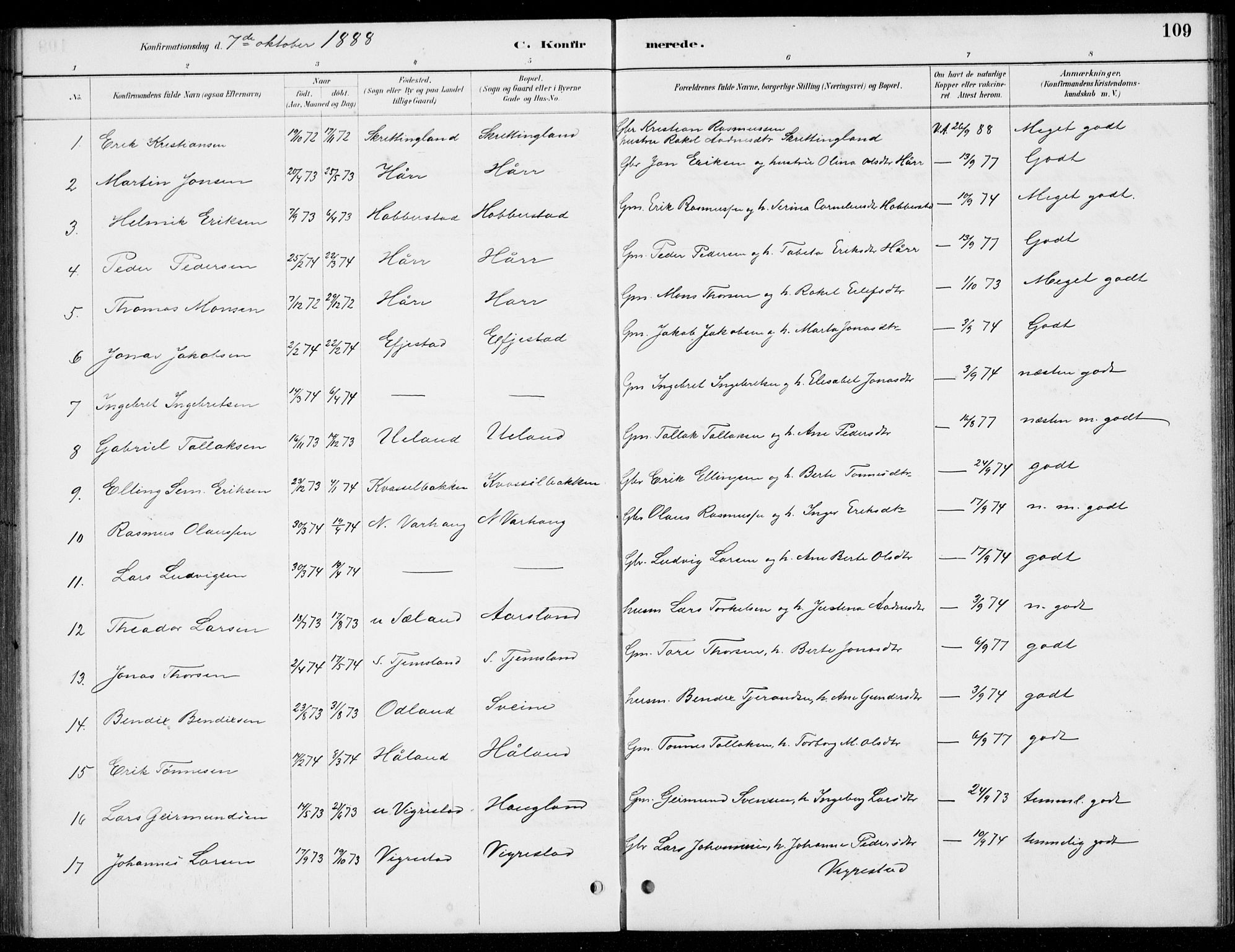 Hå sokneprestkontor, AV/SAST-A-101801/001/30BB/L0004: Parish register (copy) no. B 4, 1883-1899, p. 109