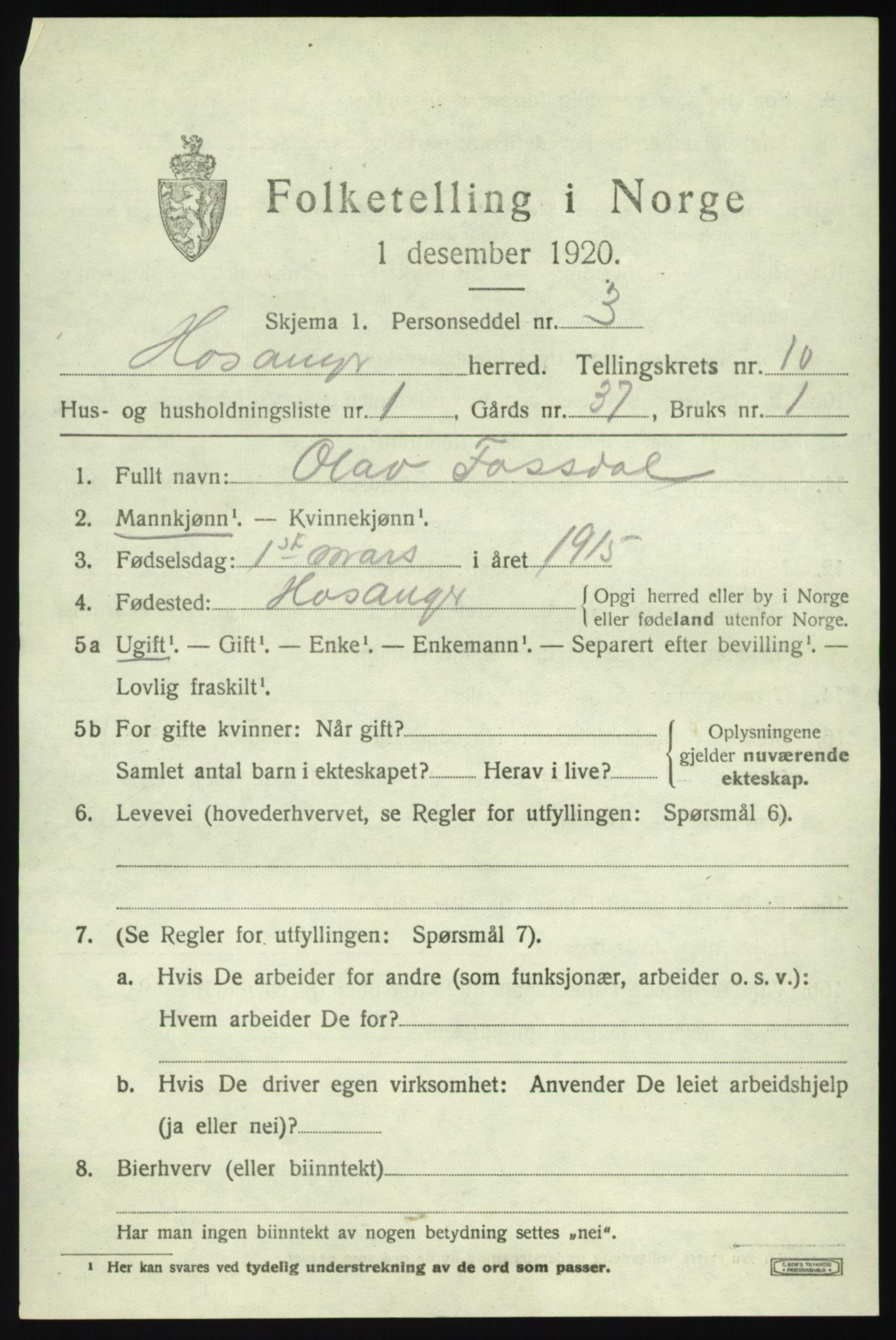 SAB, 1920 census for Hosanger, 1920, p. 4195