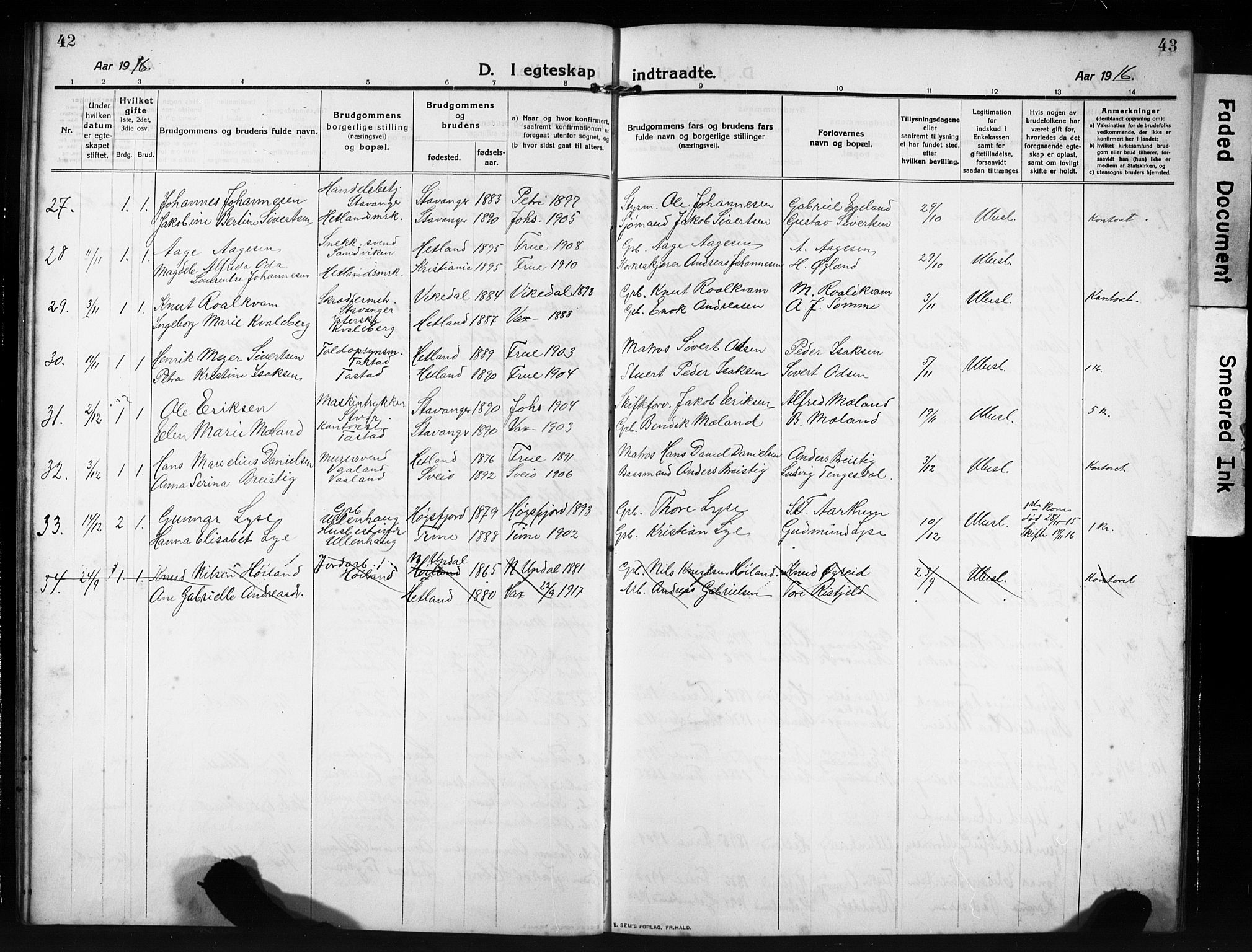 Hetland sokneprestkontor, SAST/A-101826/30/30BB/L0009: Parish register (copy) no. B 9, 1910-1931, p. 42-43