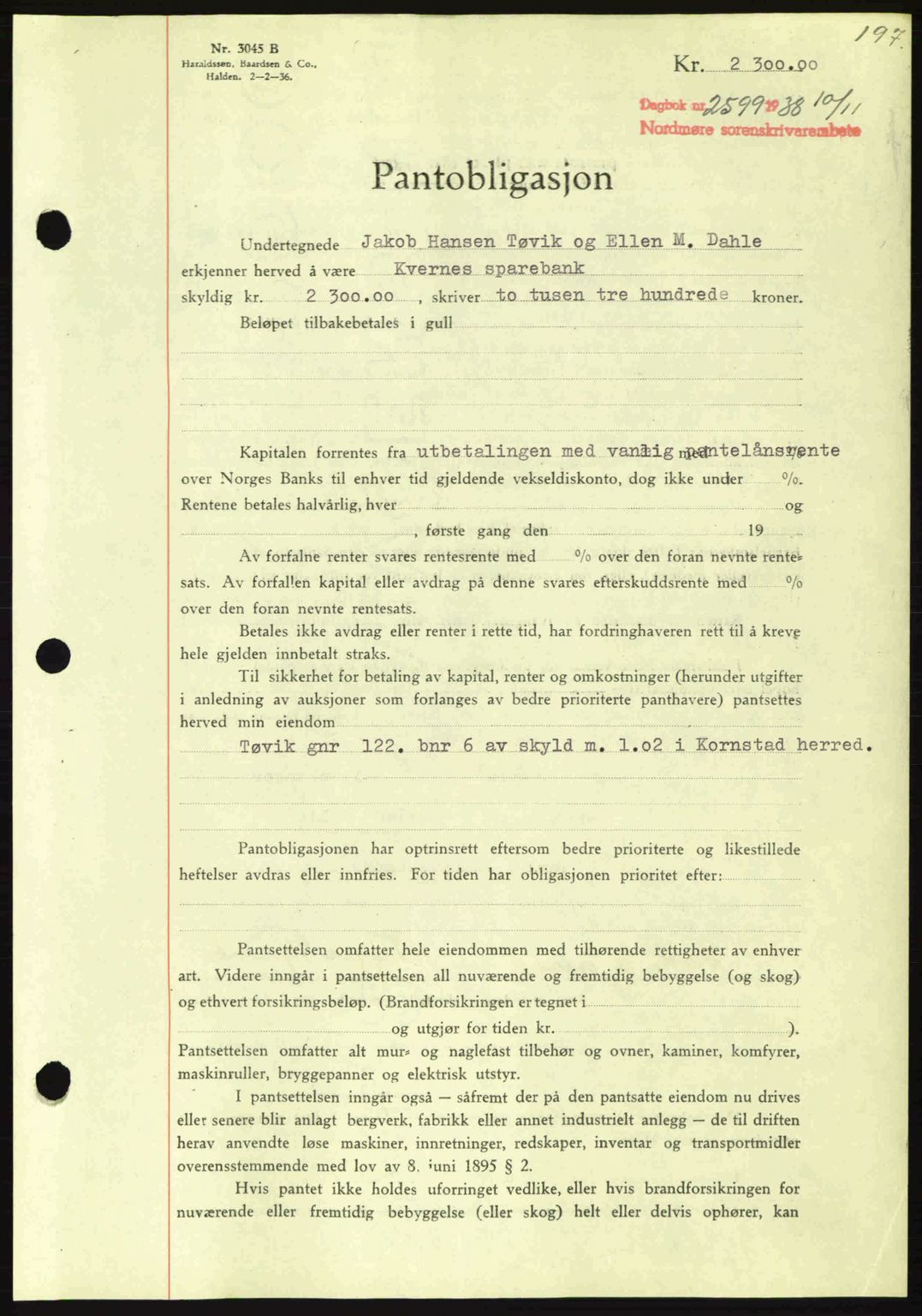 Nordmøre sorenskriveri, SAT/A-4132/1/2/2Ca: Mortgage book no. B84, 1938-1939, Diary no: : 2599/1938