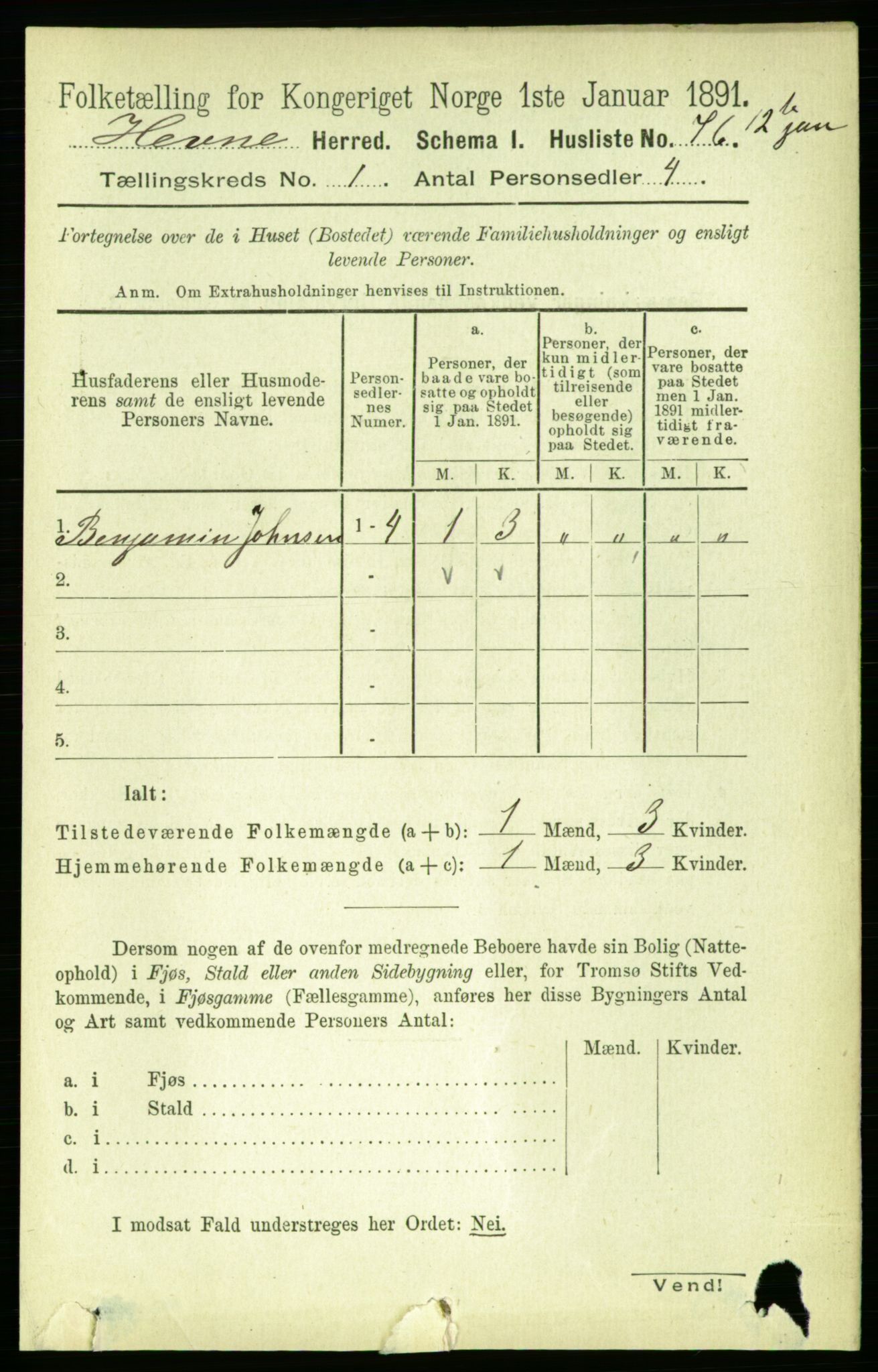 RA, 1891 census for 1612 Hemne, 1891, p. 112