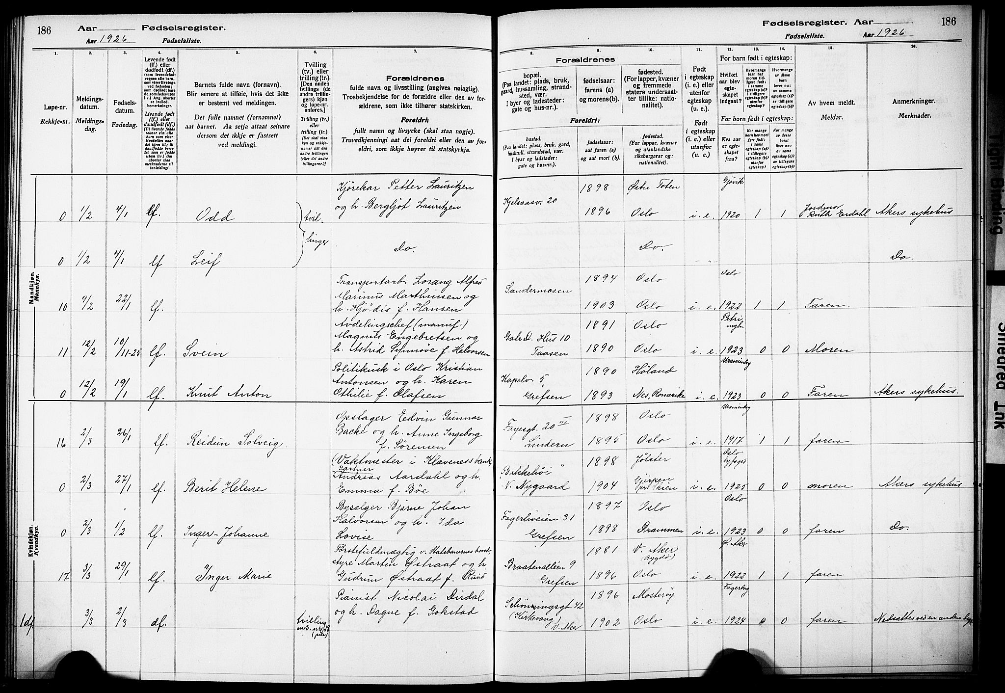 Vestre Aker prestekontor Kirkebøker, AV/SAO-A-10025/J/Ja/L0002: Birth register no. 2, 1922-1926, p. 186