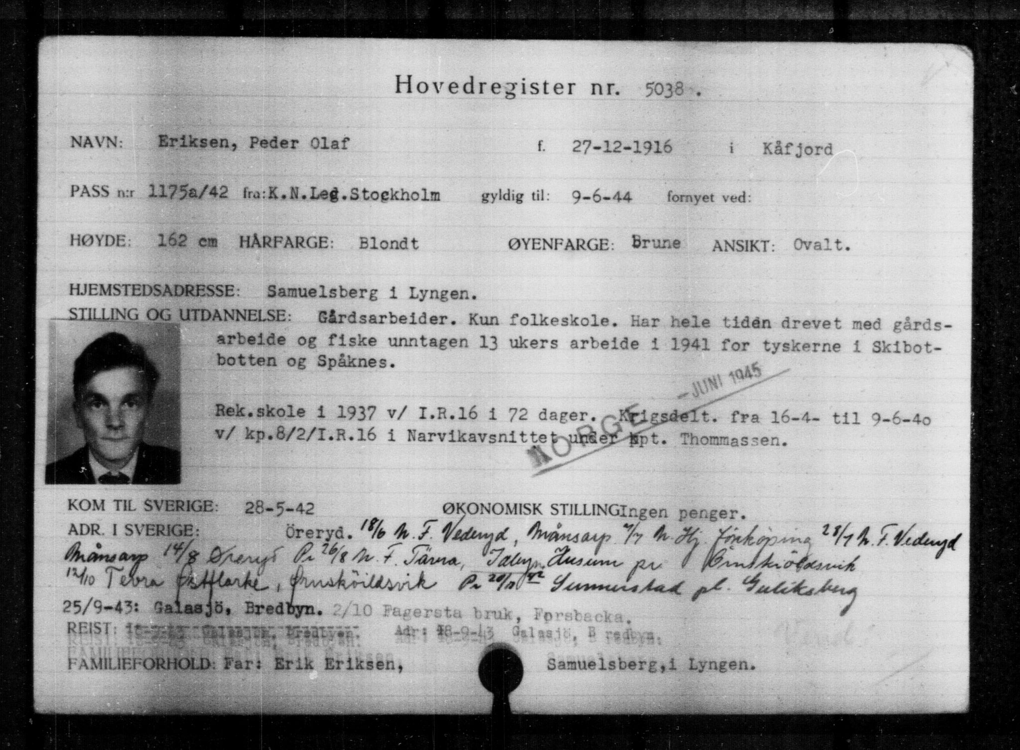 Utenriksstasjonene, Legasjonen i Stockholm, Flyktningkontoret, AV/RA-S-6753/V/Va/L0004: Kjesäterkartoteket, flyktninger med registreringsnr. 3496-6610, 1940-1945, p. 1826