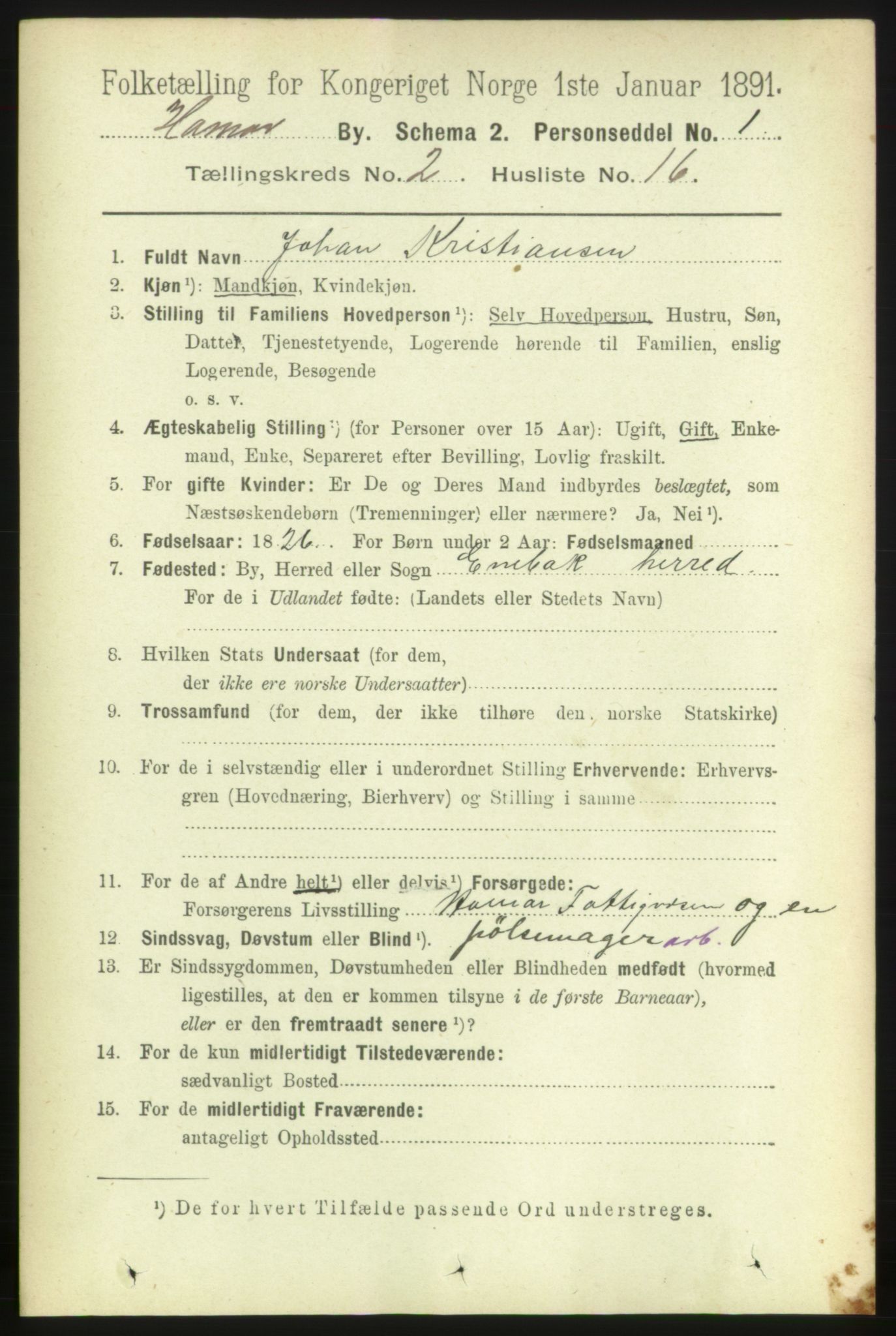 RA, 1891 census for 0401 Hamar, 1891, p. 1198