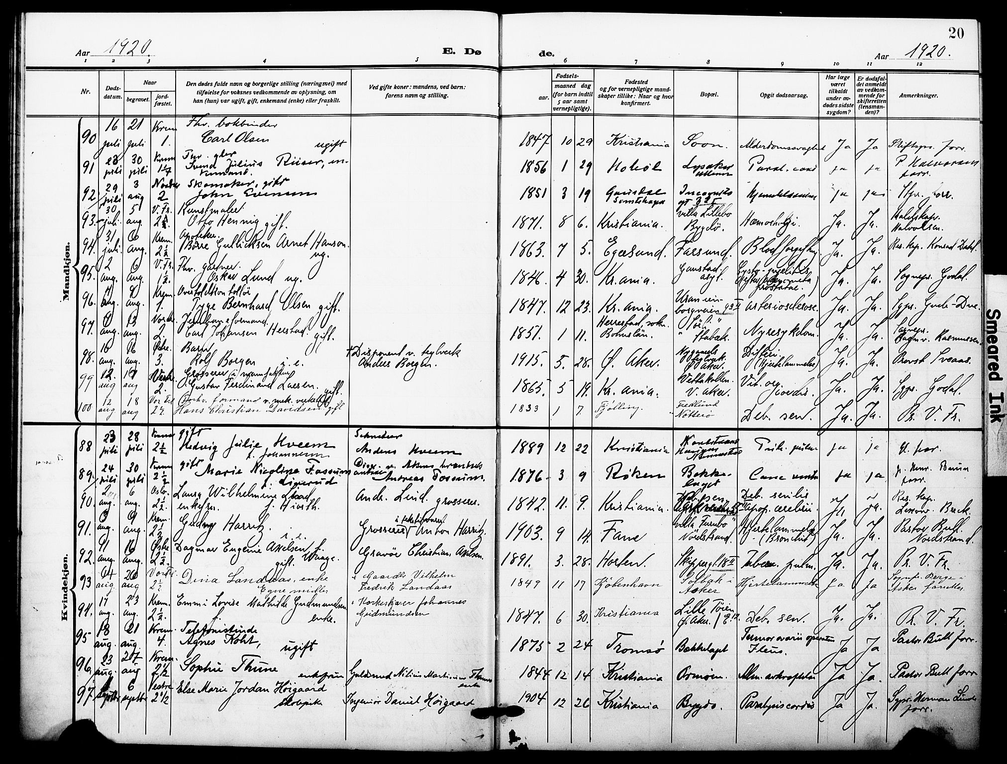 Oslo domkirke Kirkebøker, AV/SAO-A-10752/F/Fa/L0037: Parish register (official) no. 37, 1919-1930, p. 20