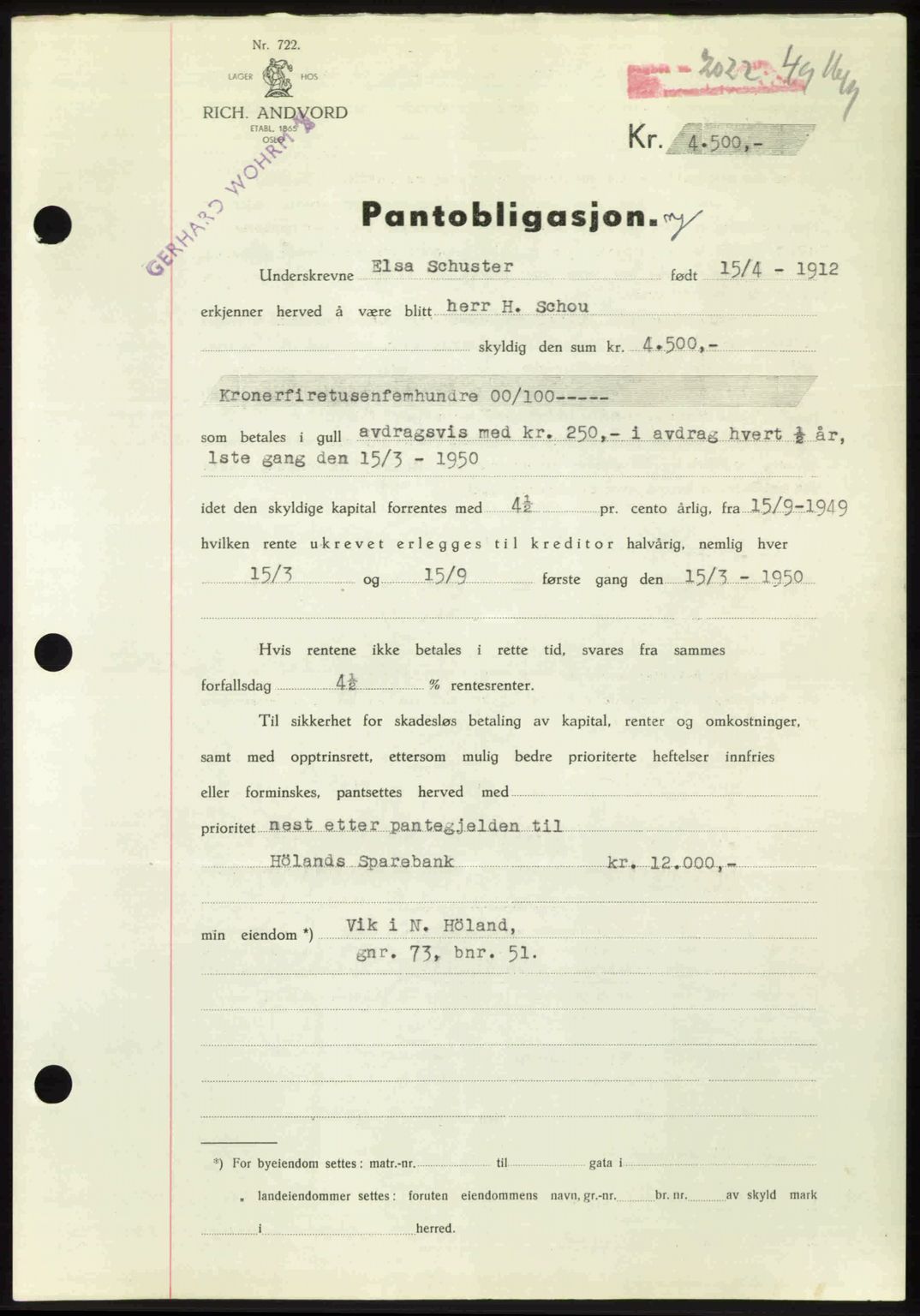 Nes tingrett, AV/SAO-A-10548/G/Gb/Gbb/L0031: Mortgage book no. 75, 1949-1949, Diary no: : 2022/1949