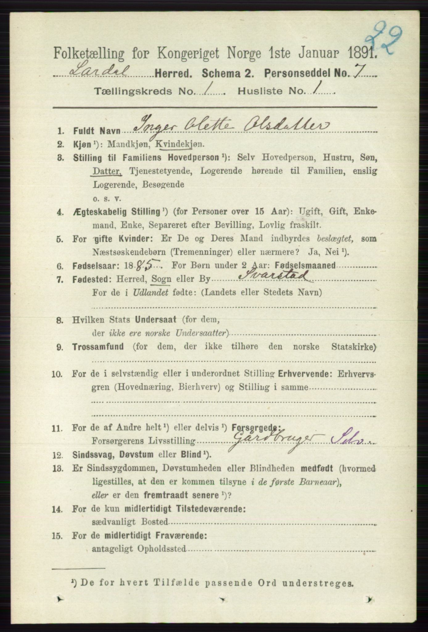 RA, 1891 census for 0728 Lardal, 1891, p. 121