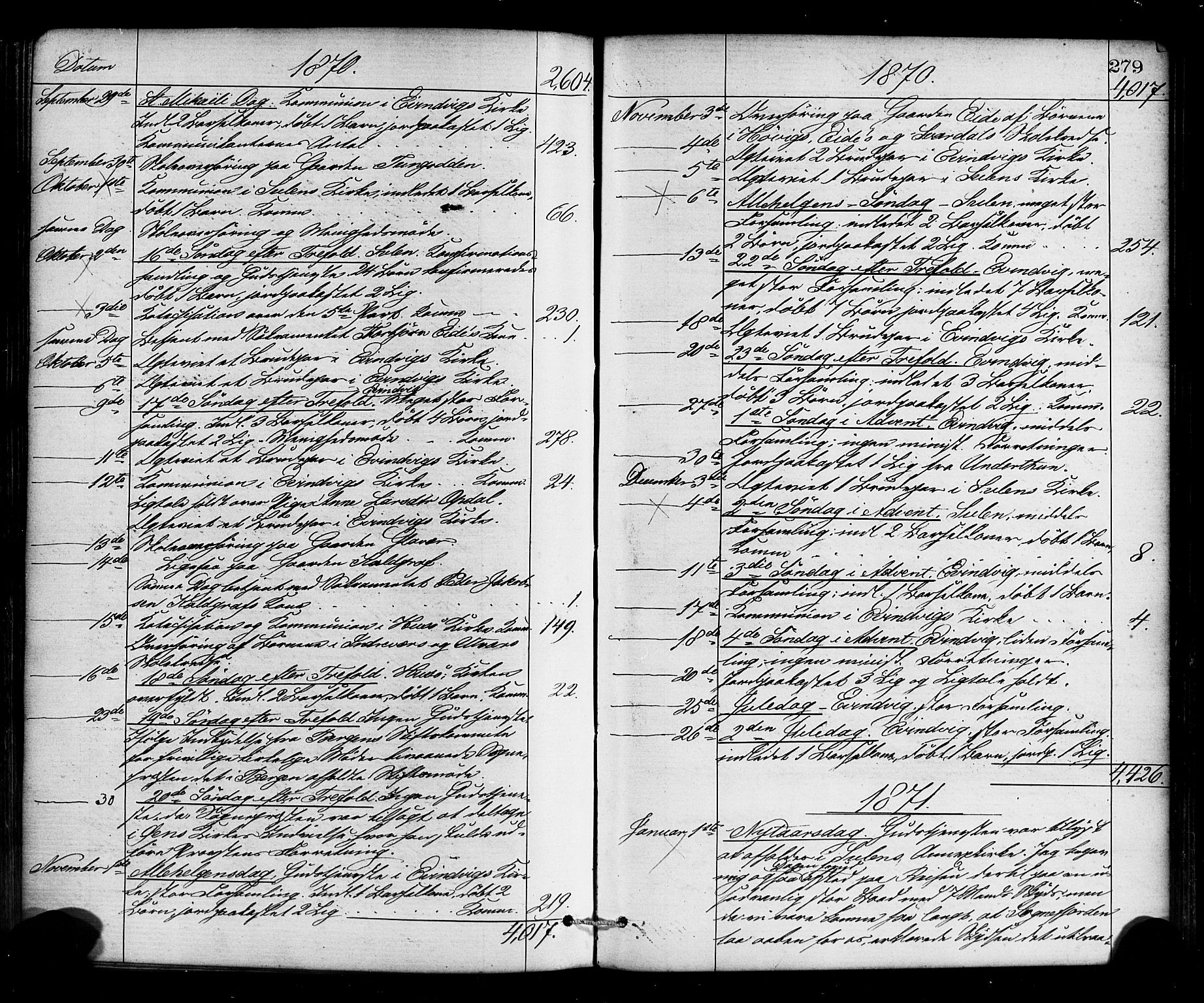 Gulen sokneprestembete, AV/SAB-A-80201/H/Haa/Haaa/L0023: Parish register (official) no. A 23, 1870-1880, p. 279