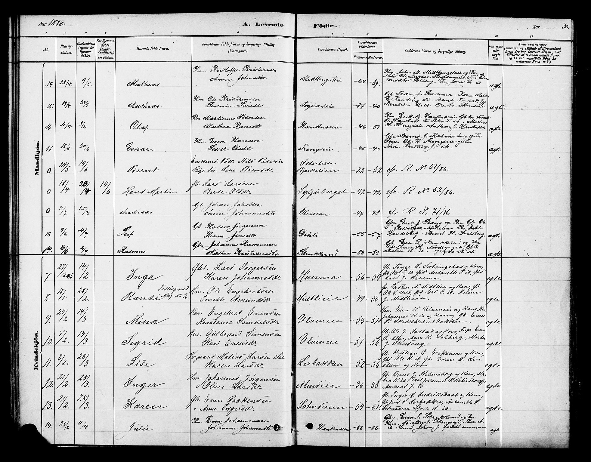 Ringsaker prestekontor, AV/SAH-PREST-014/K/Ka/L0013: Parish register (official) no. 13, 1879-1890, p. 30